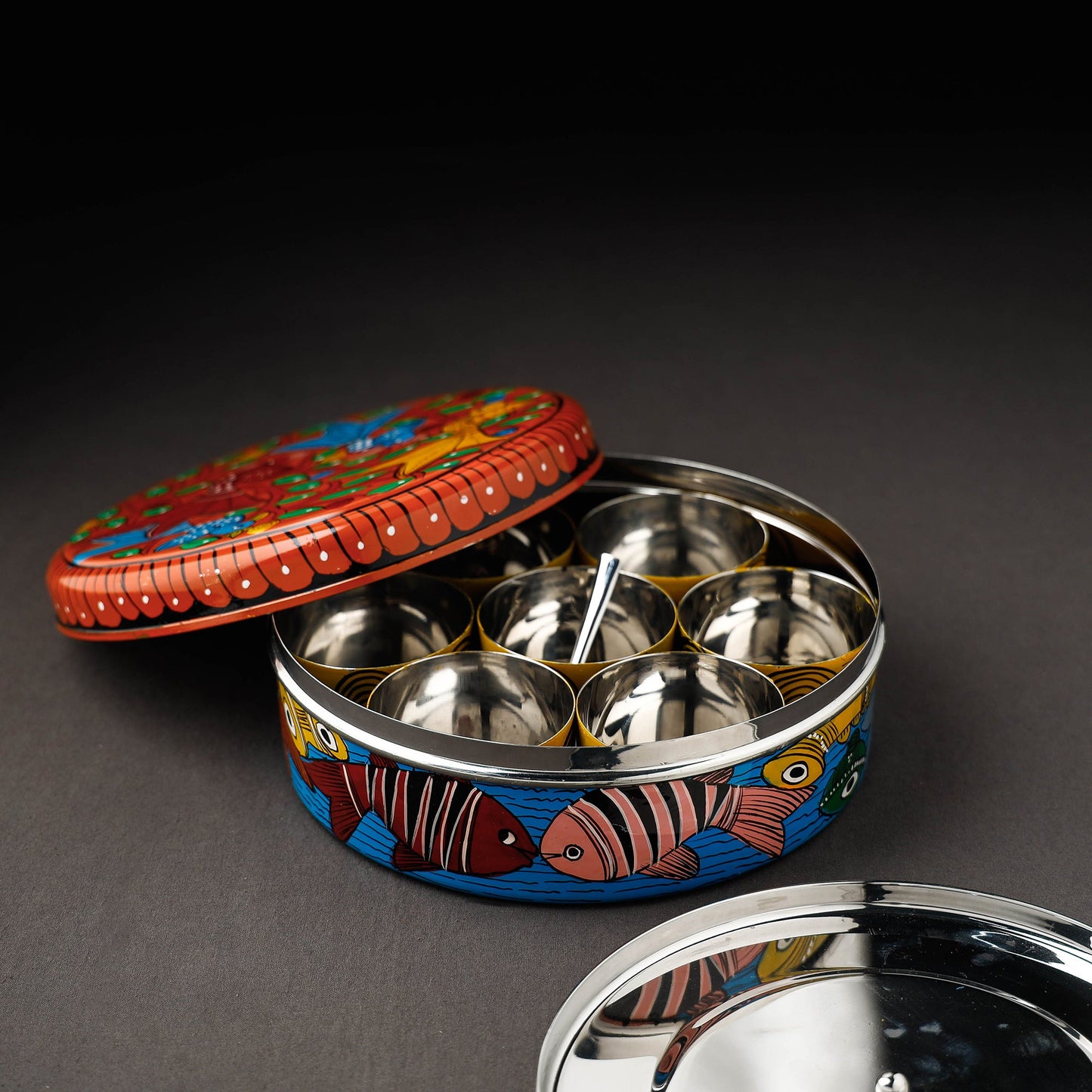 Bengal Patua Handpainted Stainless Steel Multicolor Masala Box