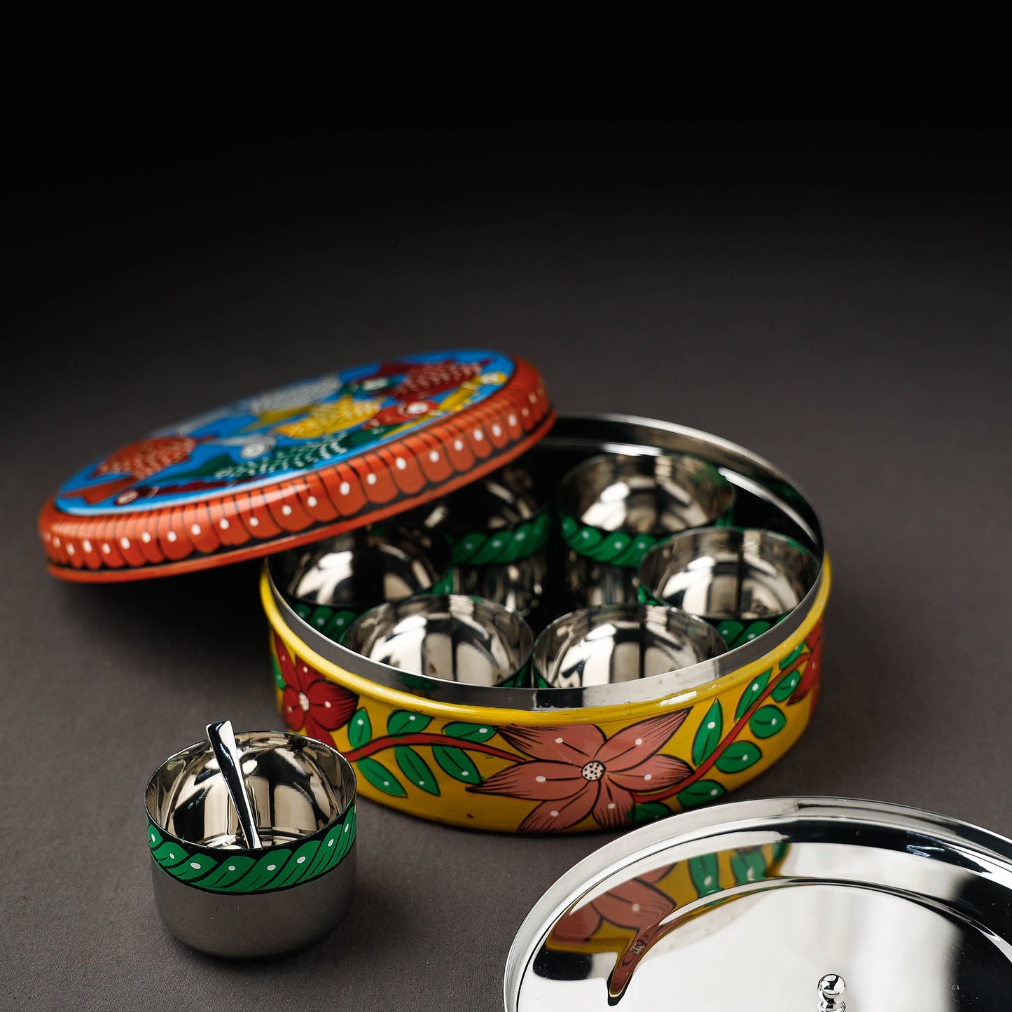Bengal Patua Multicolor Handpainted Stainless Steel Masala Box