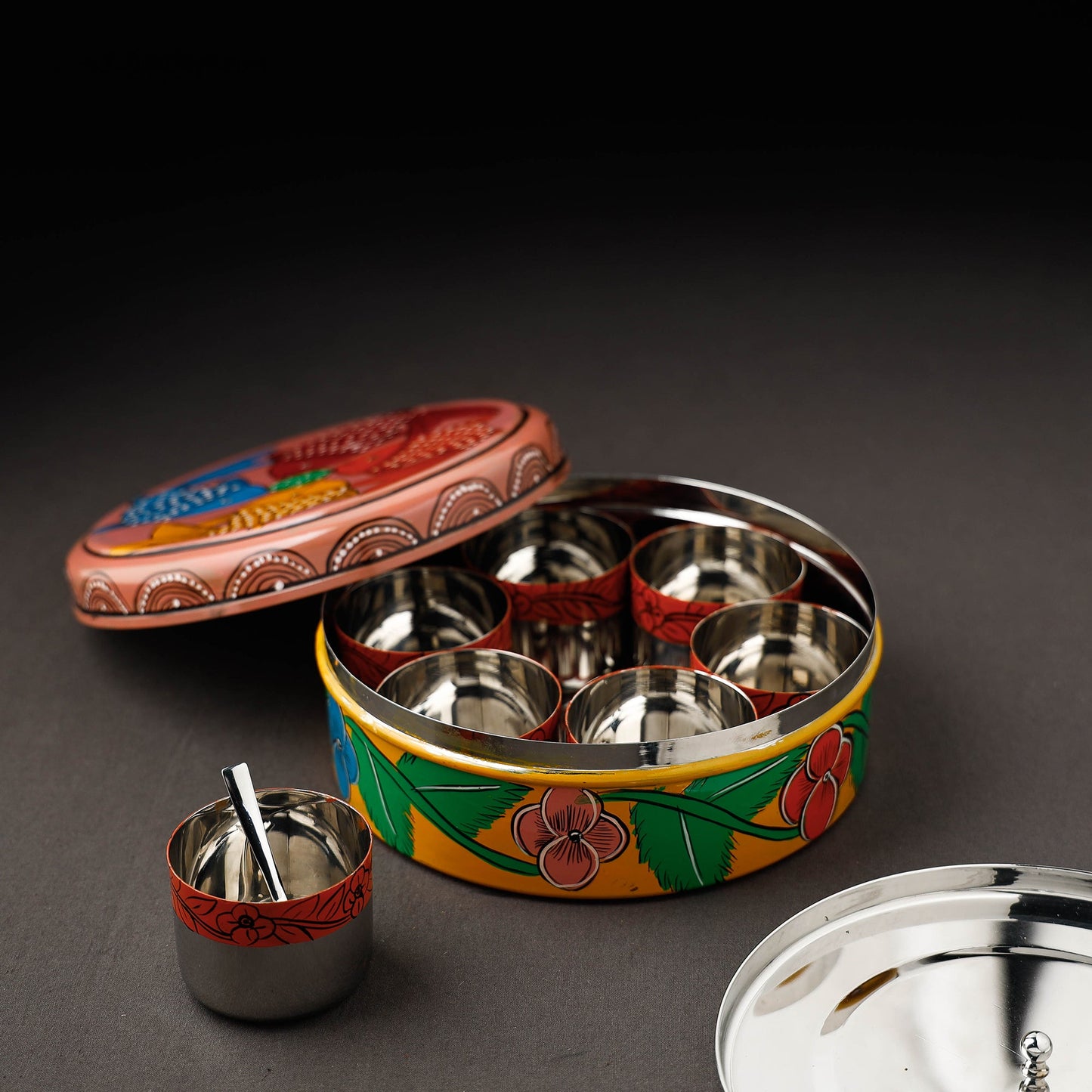 Bengal Patua Handpainted Stainless Steel Multicolor Masala Box