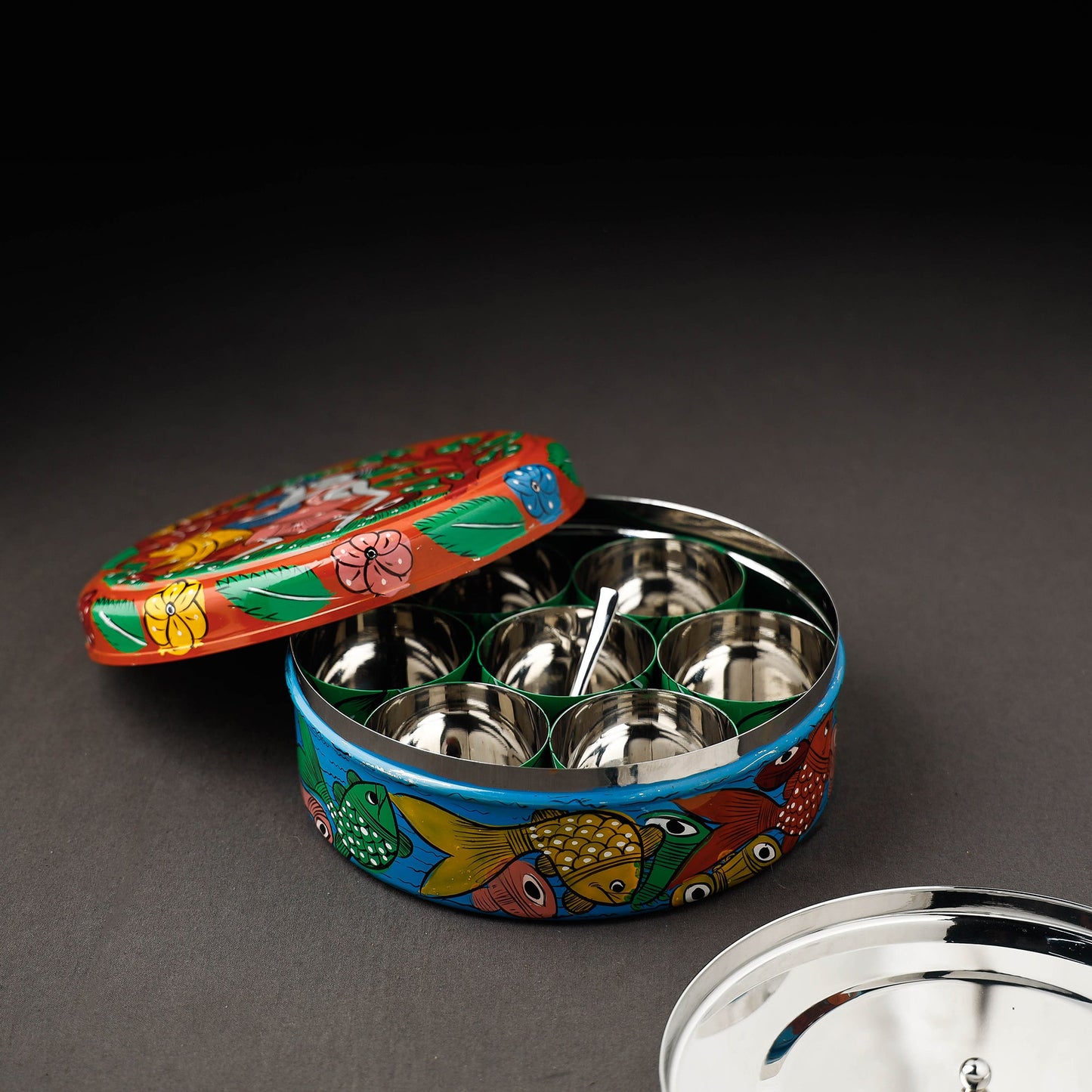 Bengal Patua Handpainted Stainless Steel Multicolor Masala Box