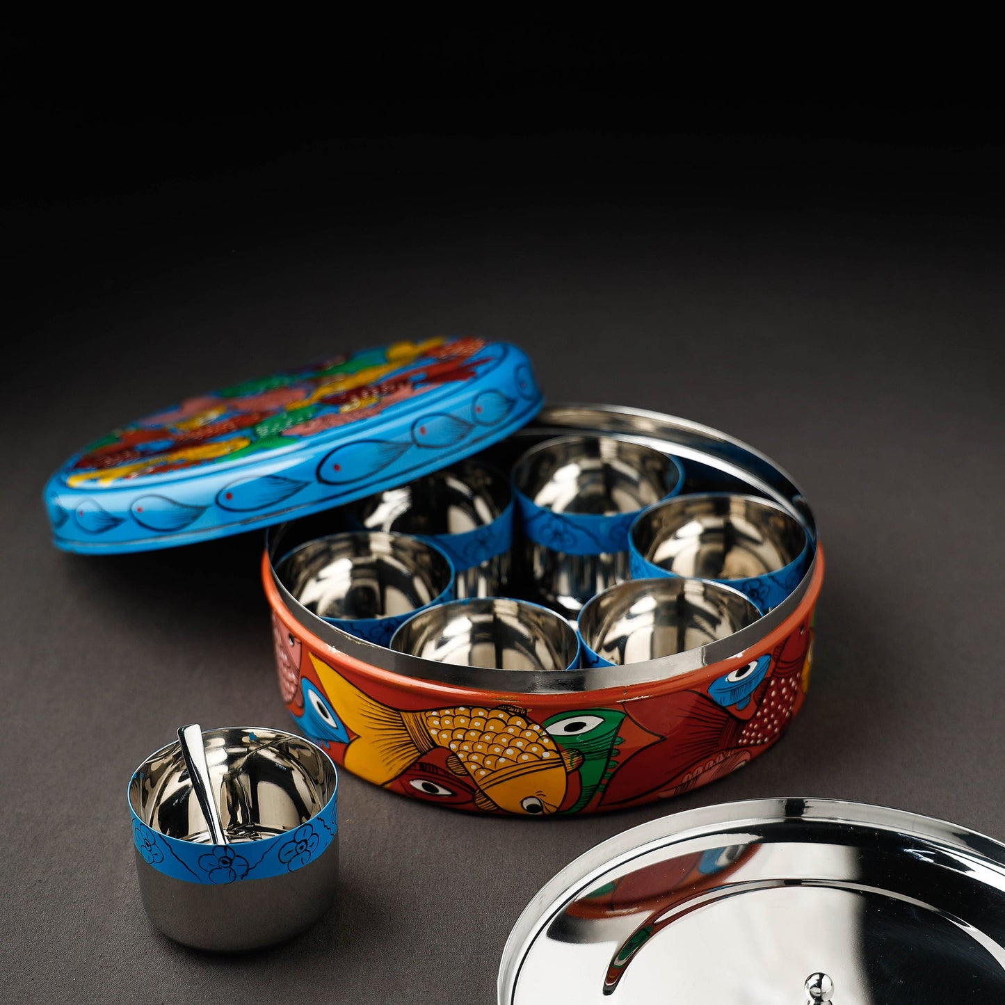 Bengal Patua Handpainted Stainless Steel Multicolor Masala Box