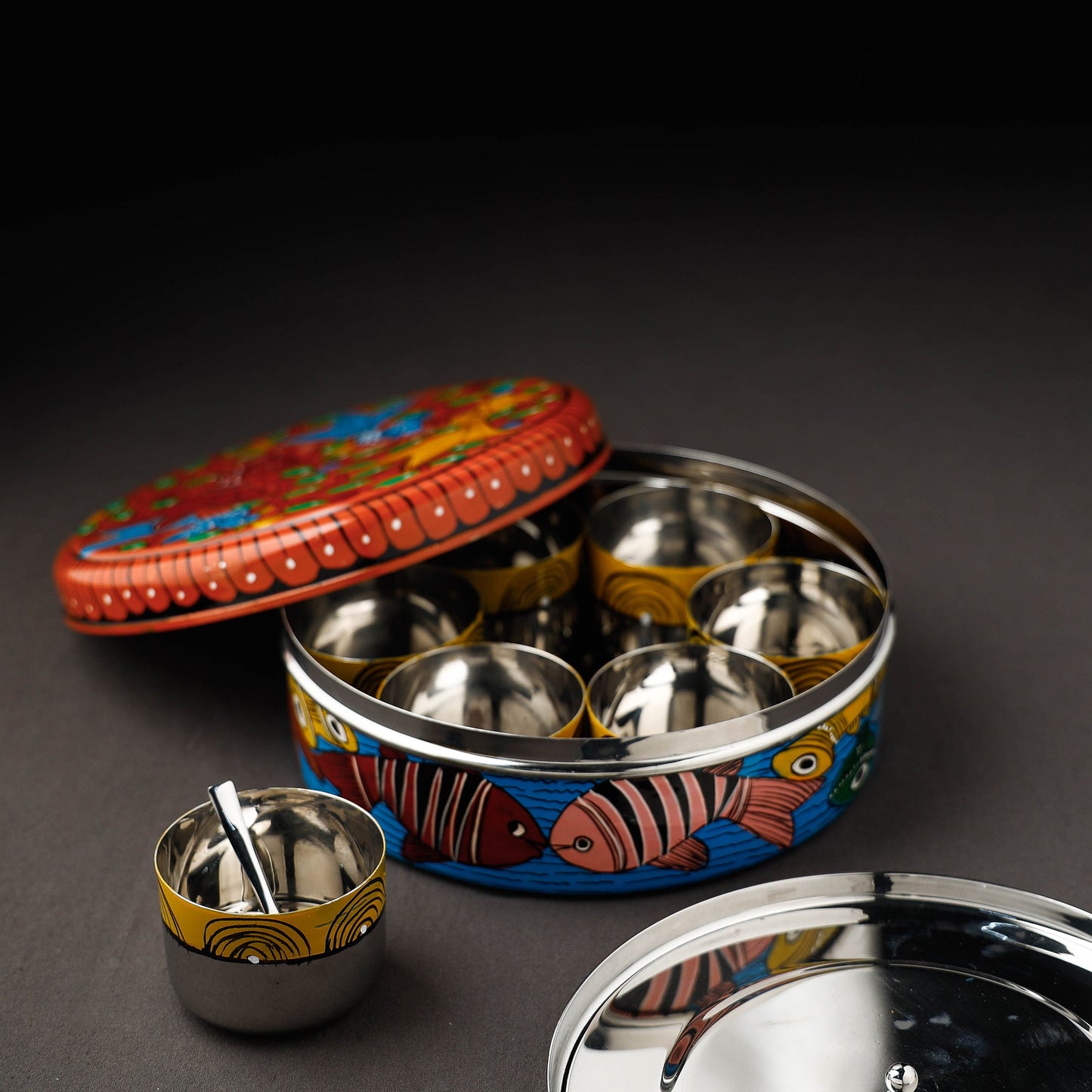 Bengal Patua Handpainted Stainless Steel Multicolor Masala Box