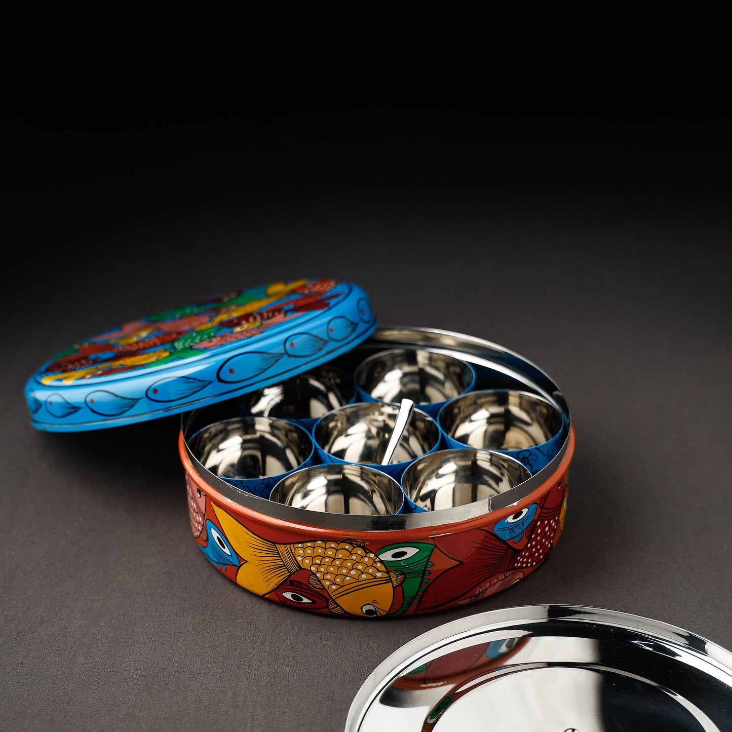 Bengal Patua Handpainted Stainless Steel Multicolor Masala Box