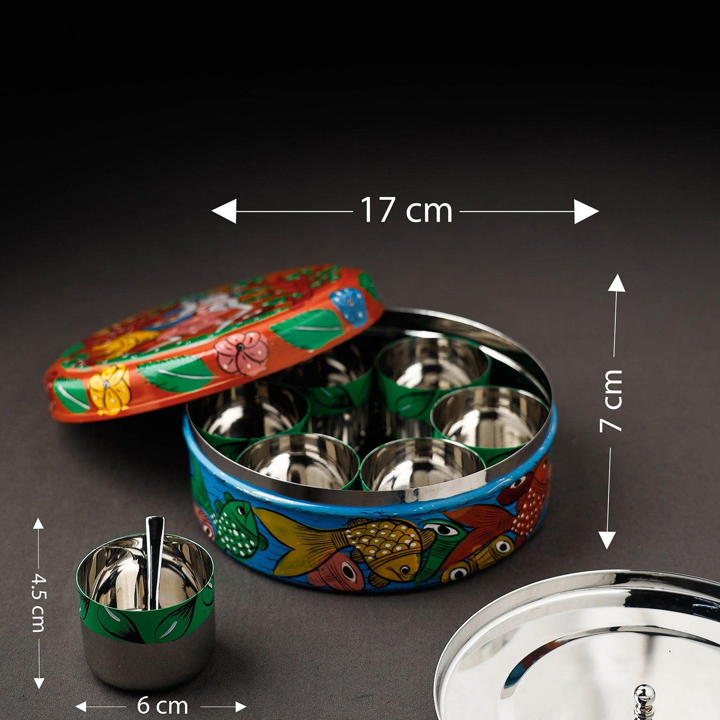 Bengal Patua Handpainted Stainless Steel Multicolor Masala Box