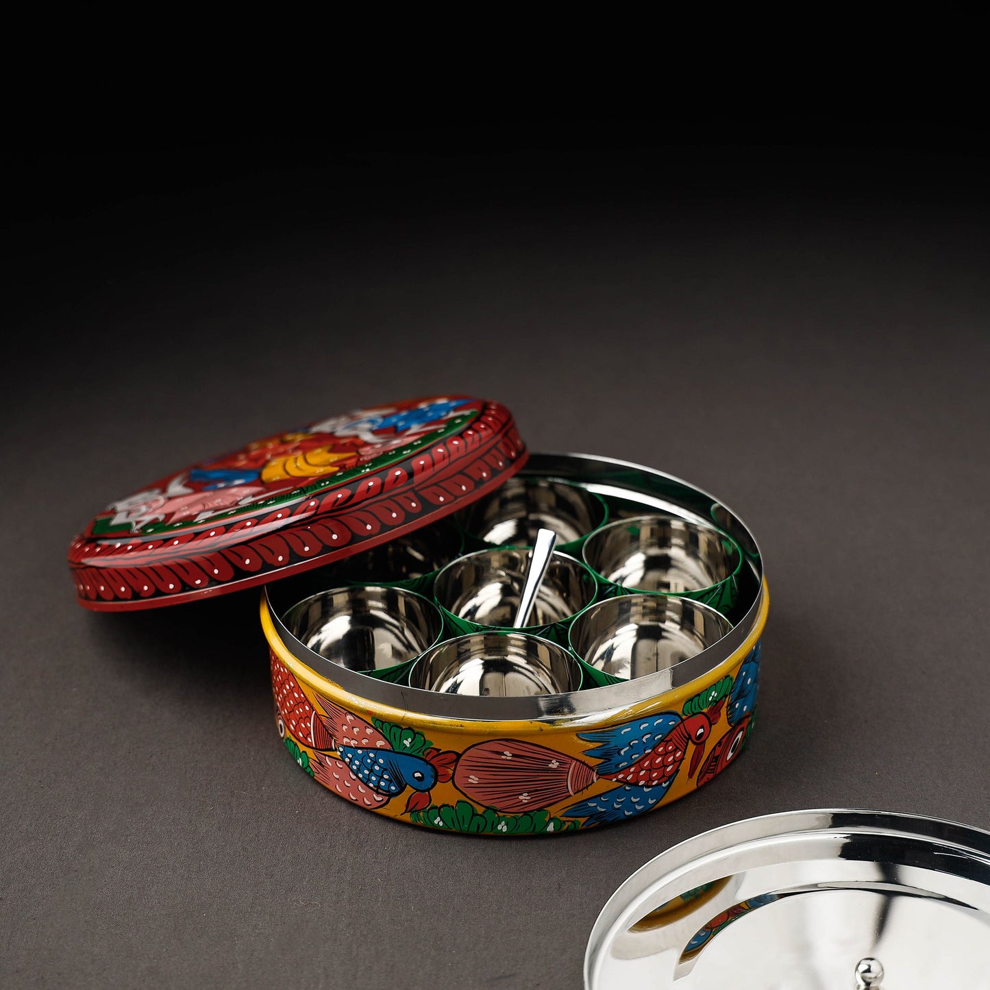 Bengal Patua Handpainted Stainless Steel Multicolor Masala Box