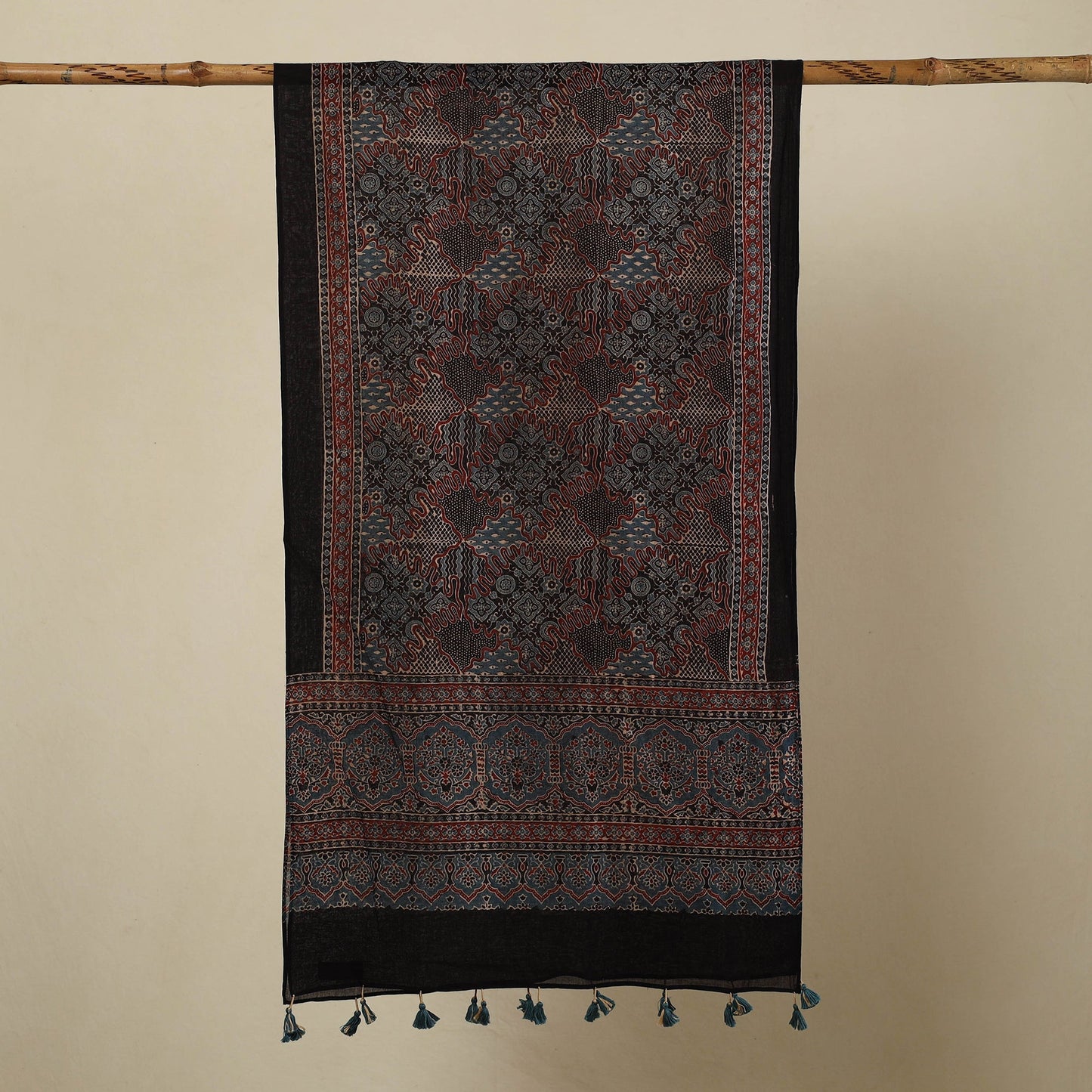 Buy Multicolor Block Print Mul Cotton Ajrakh Stole With Tassels