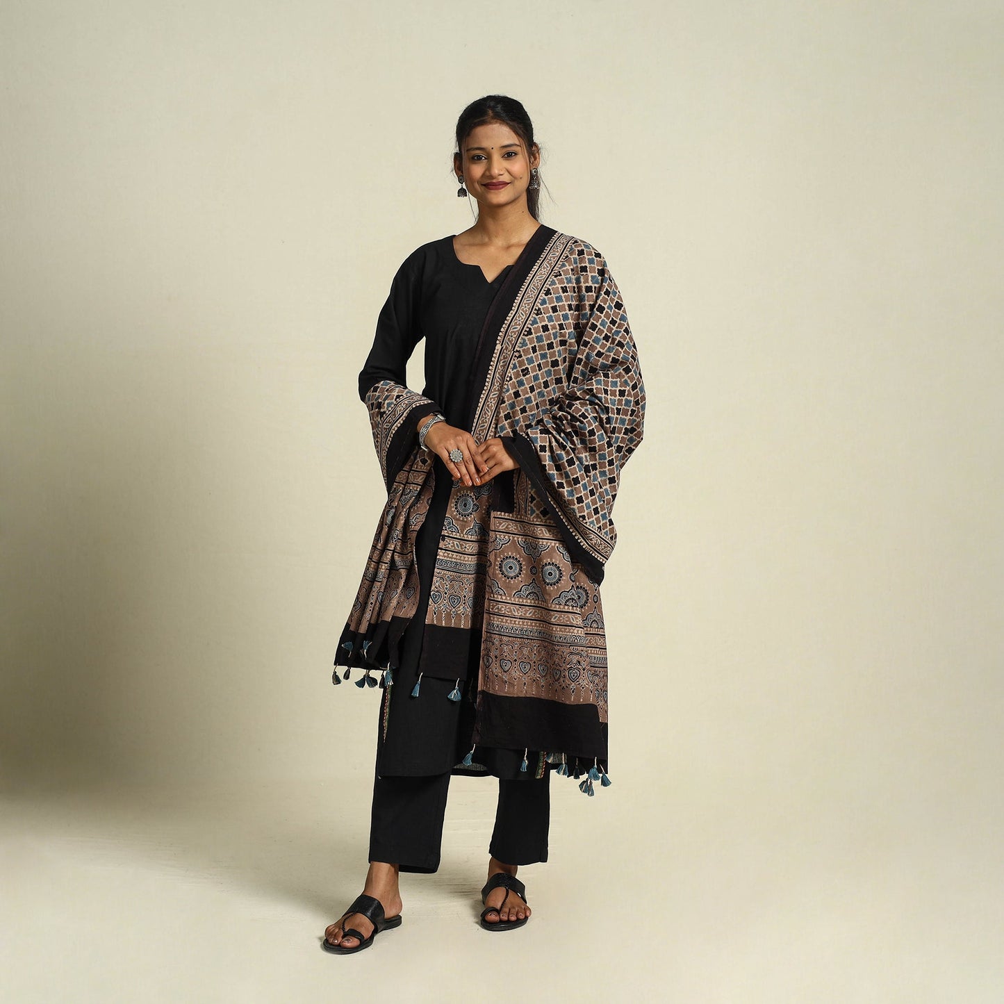 Buy Multicolor Block Print Cotton Ajrakh Dupatta With Tassels