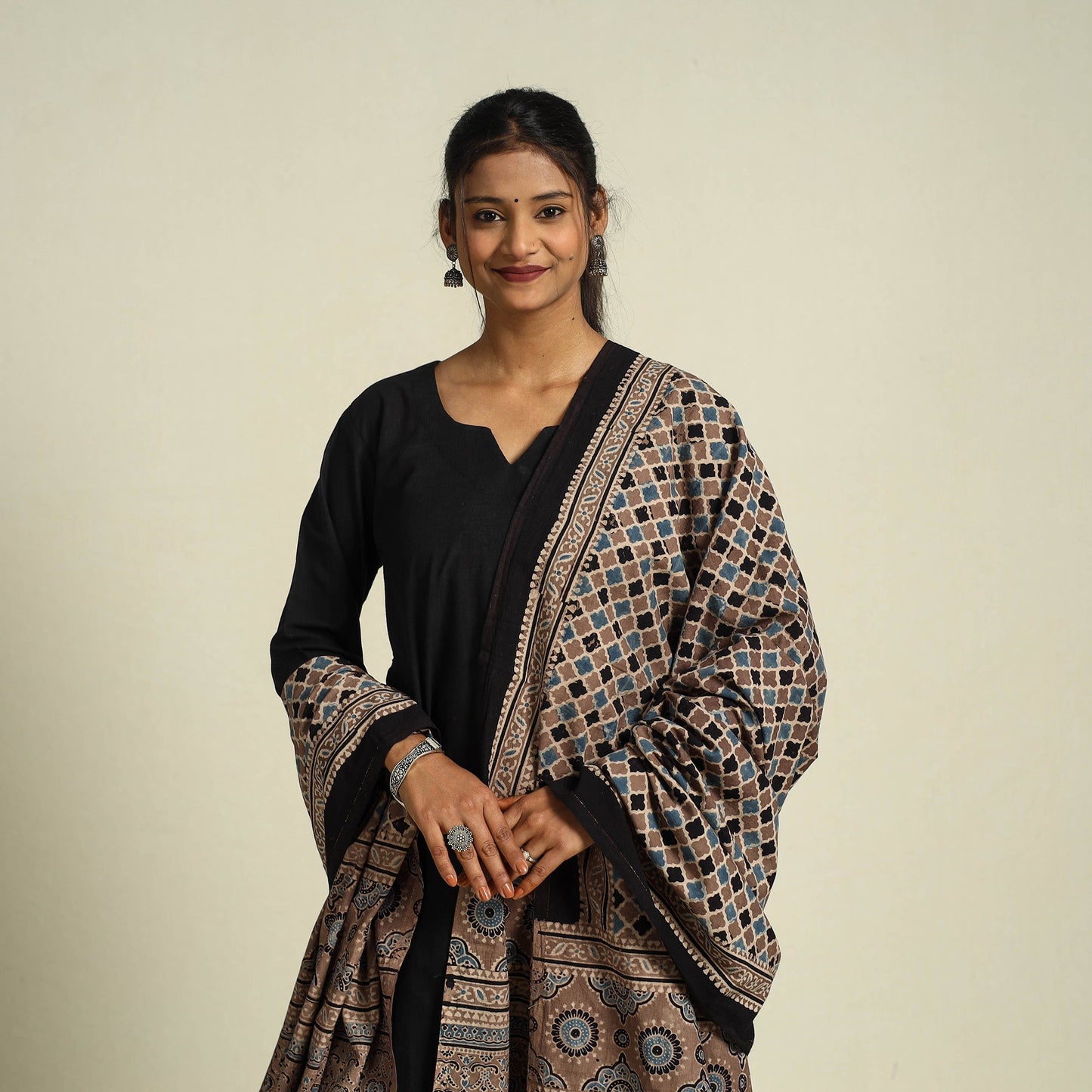 Buy Multicolor Block Print Cotton Ajrakh Dupatta With Tassels