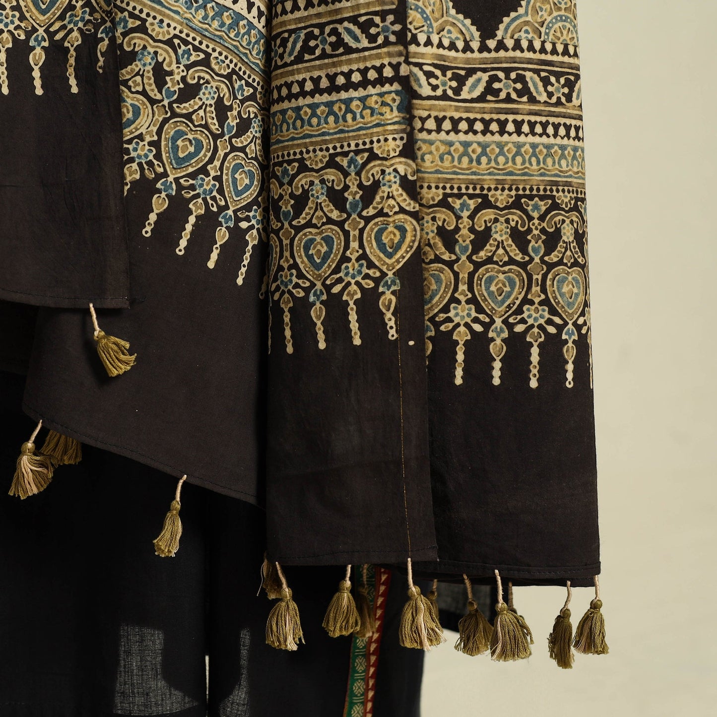 Multicolor Block Print Cotton Ajrakh Dupatta With Tassels