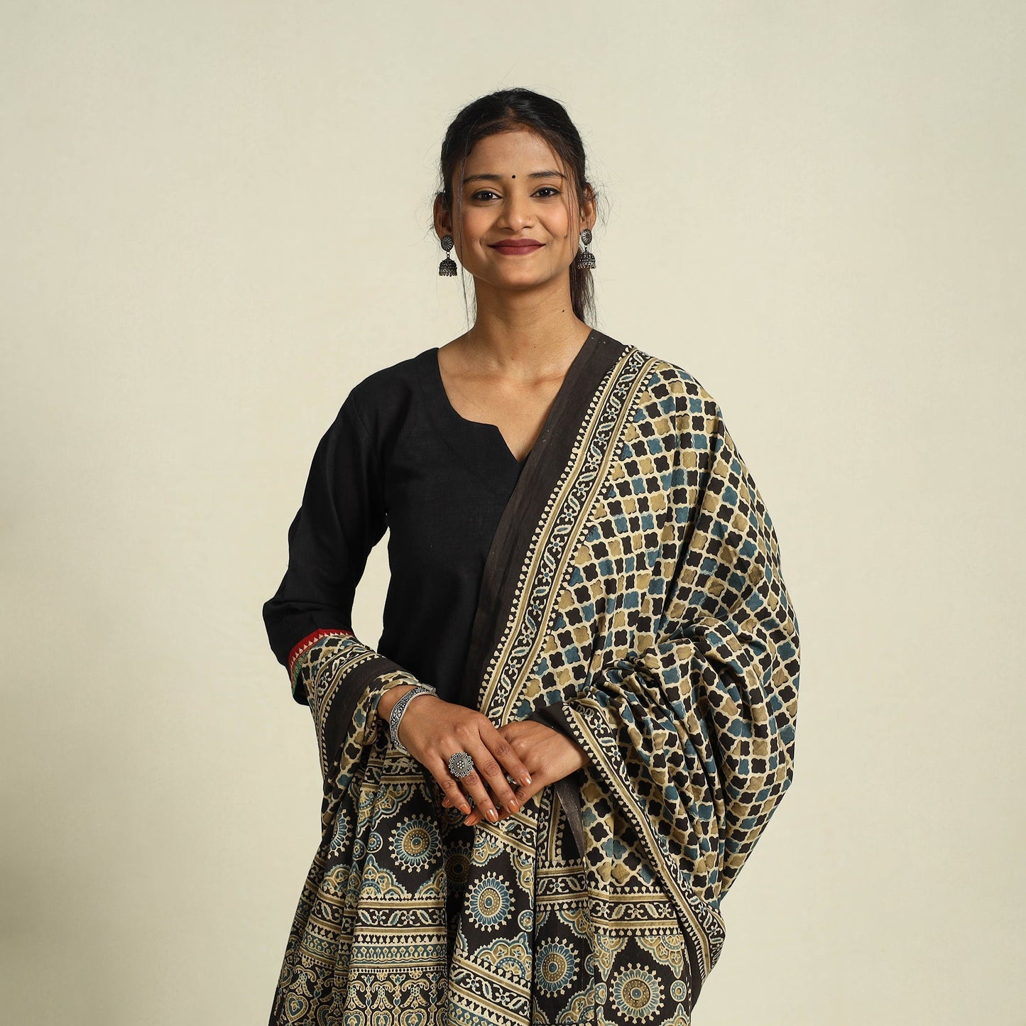Multicolor Block Print Cotton Ajrakh Dupatta With Tassels