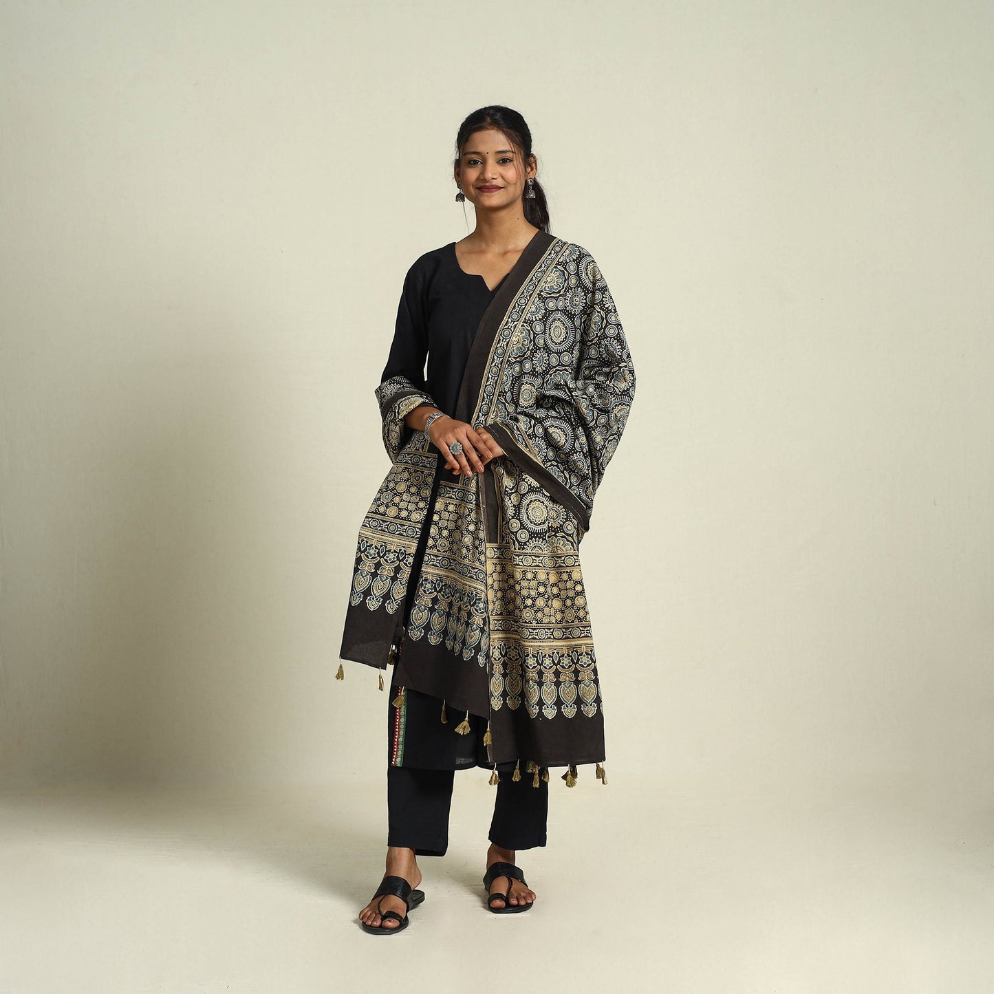 Buy Multicolor Block Print Cotton Ajrakh Dupatta With Tassels