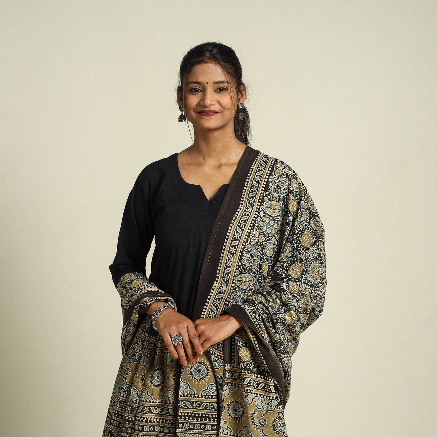 Buy Multicolor Block Print Cotton Ajrakh Dupatta With Tassels