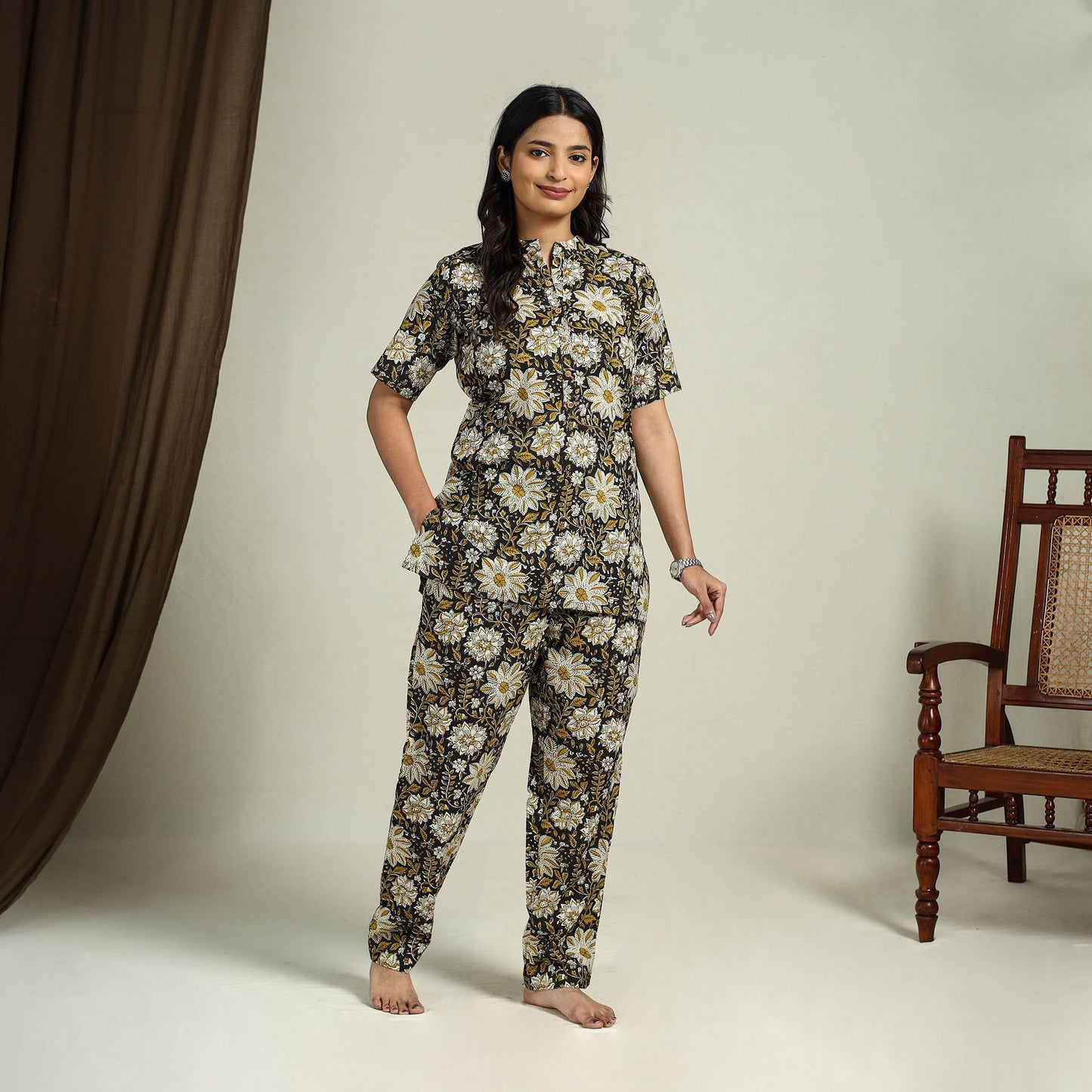 Multicolor Block Print Cotton Bagru Night Suit Set