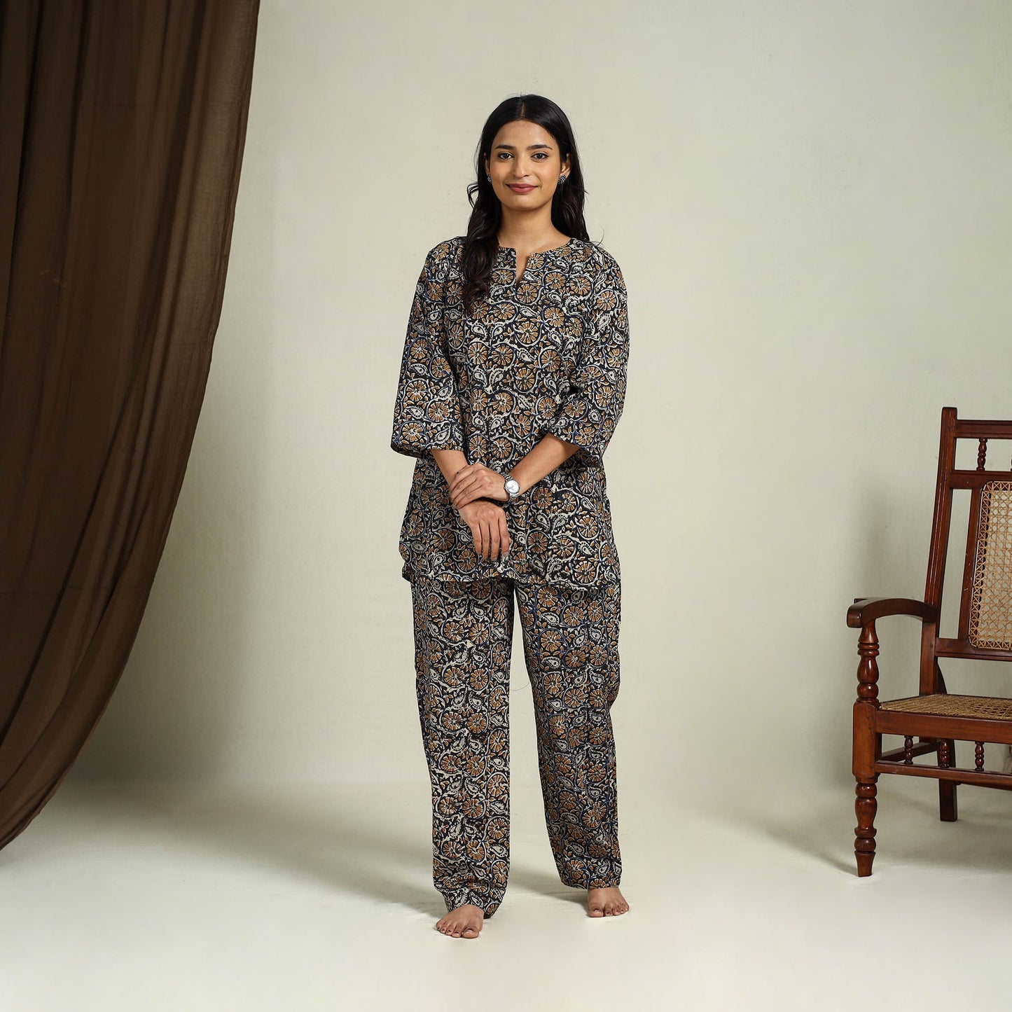 Multicolor Block Print Cotton Bagru Night Suit Set