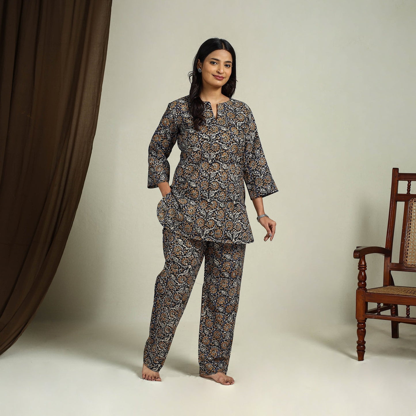 Multicolor Block Print Cotton Bagru Night Suit Set