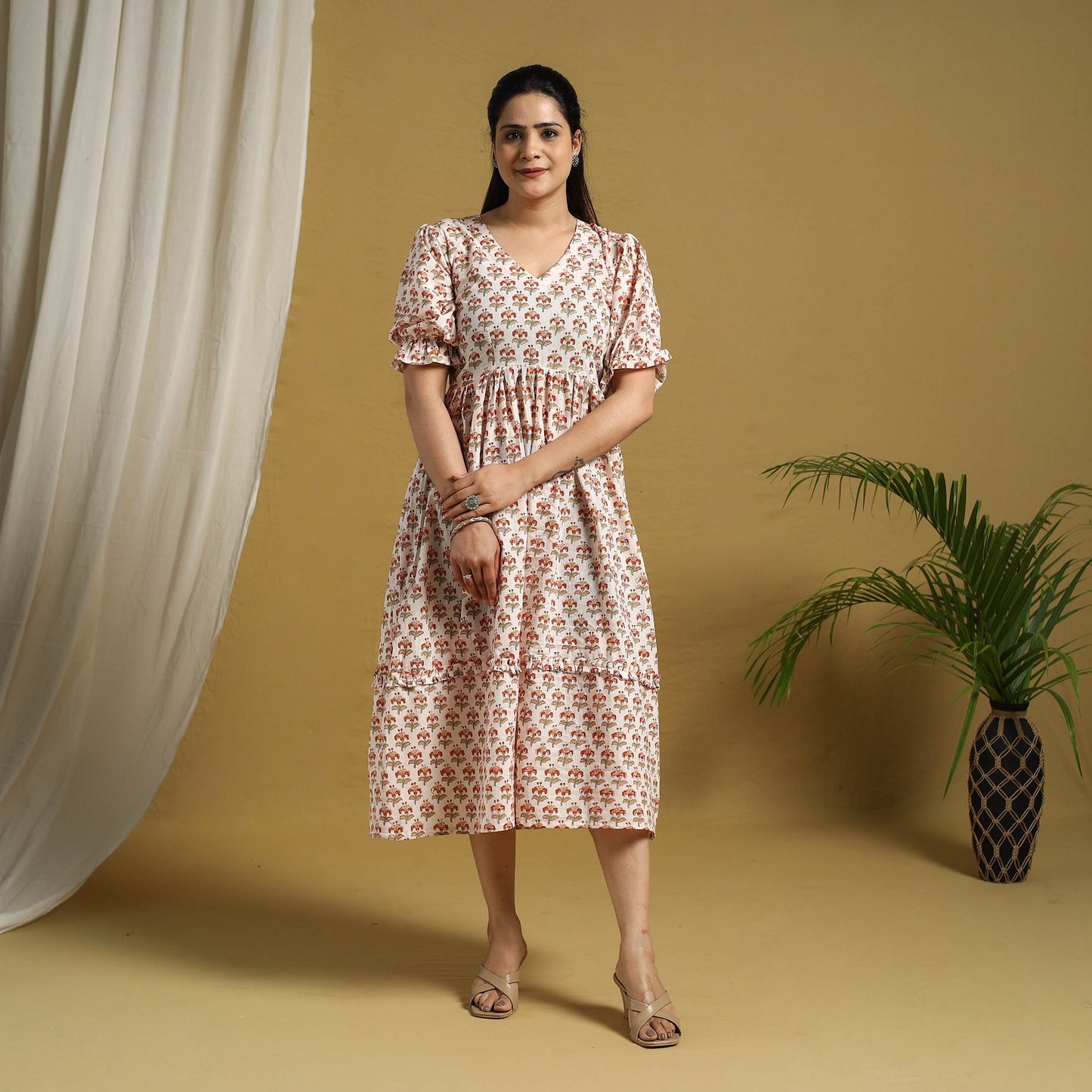 Multicolor Block Print Cotton Frill Sanganeri Dress