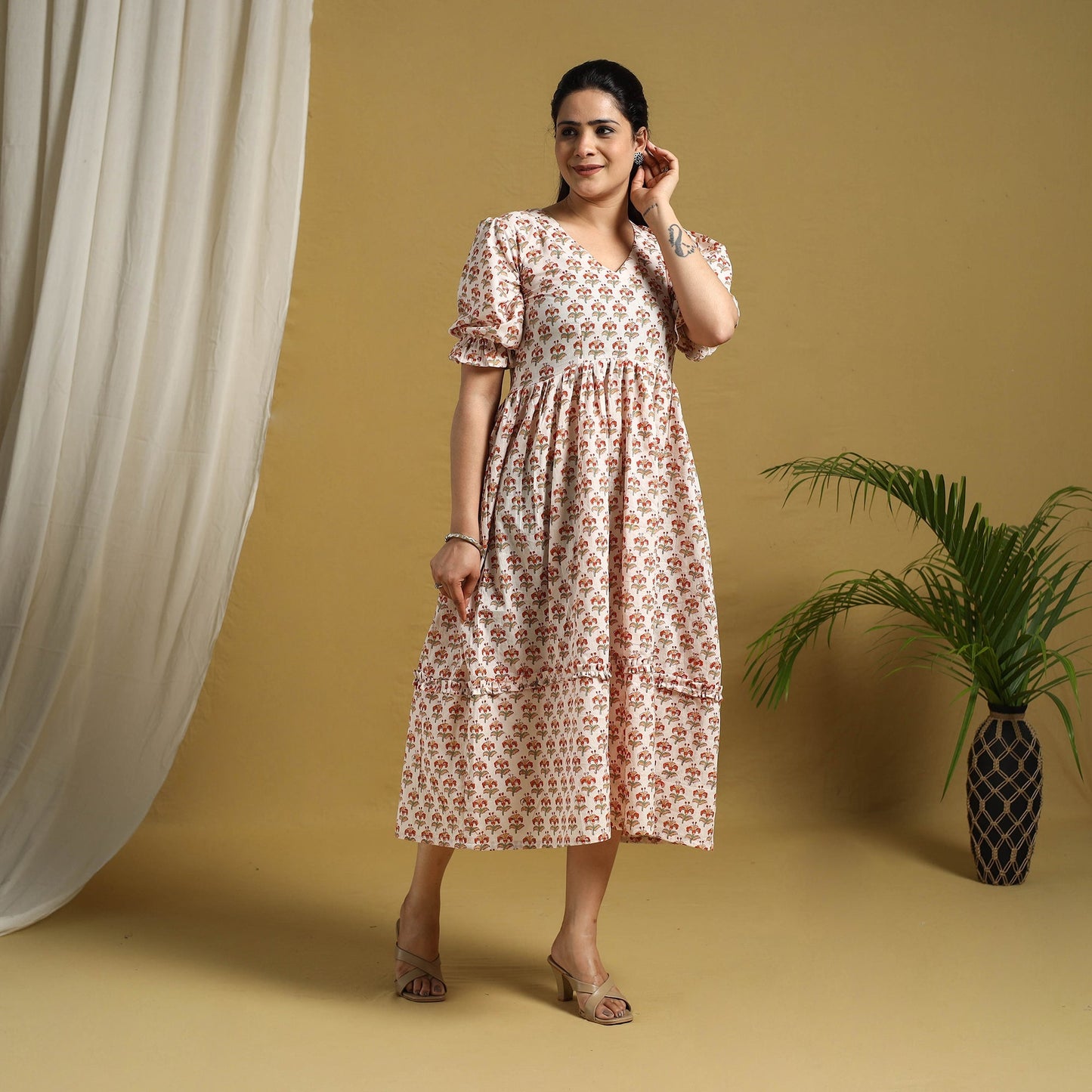 Multicolor Block Print Cotton Frill Sanganeri Dress