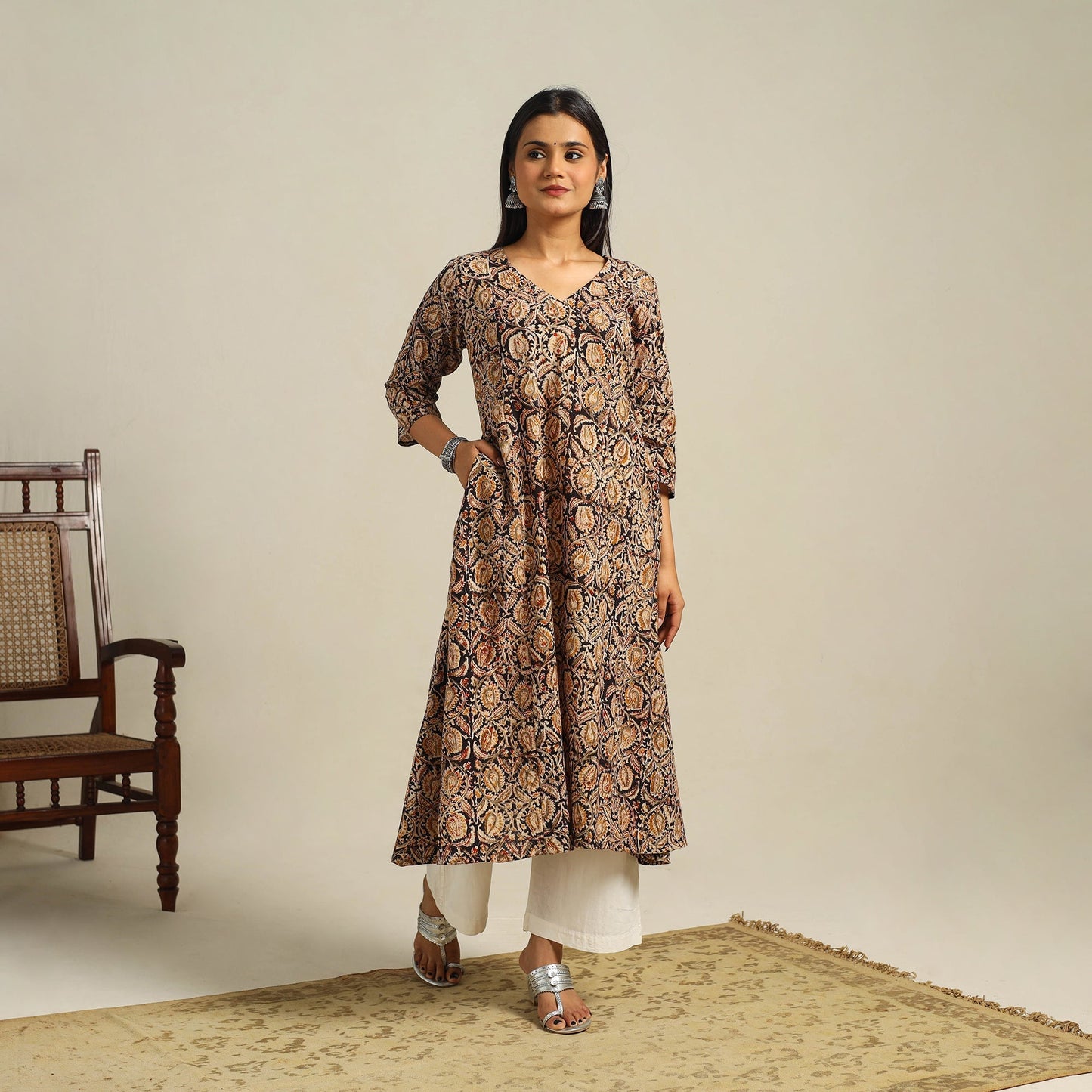 Multicolor Block Print Cotton A-Line Kalamkari Kurta For Women