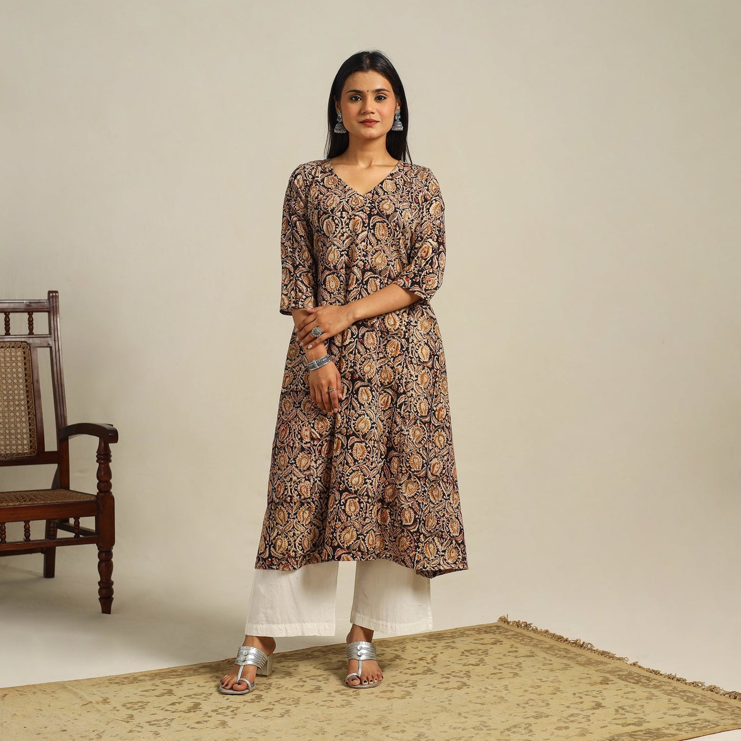 Multicolor Block Print Cotton A-Line Kalamkari Kurta For Women