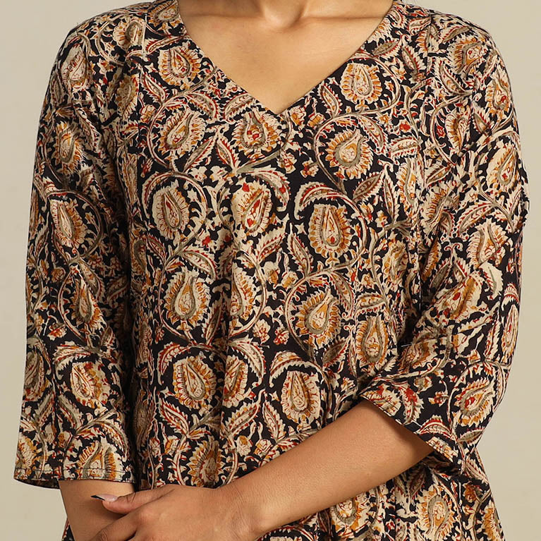 Multicolor Block Print Cotton A-Line Kalamkari Kurta For Women