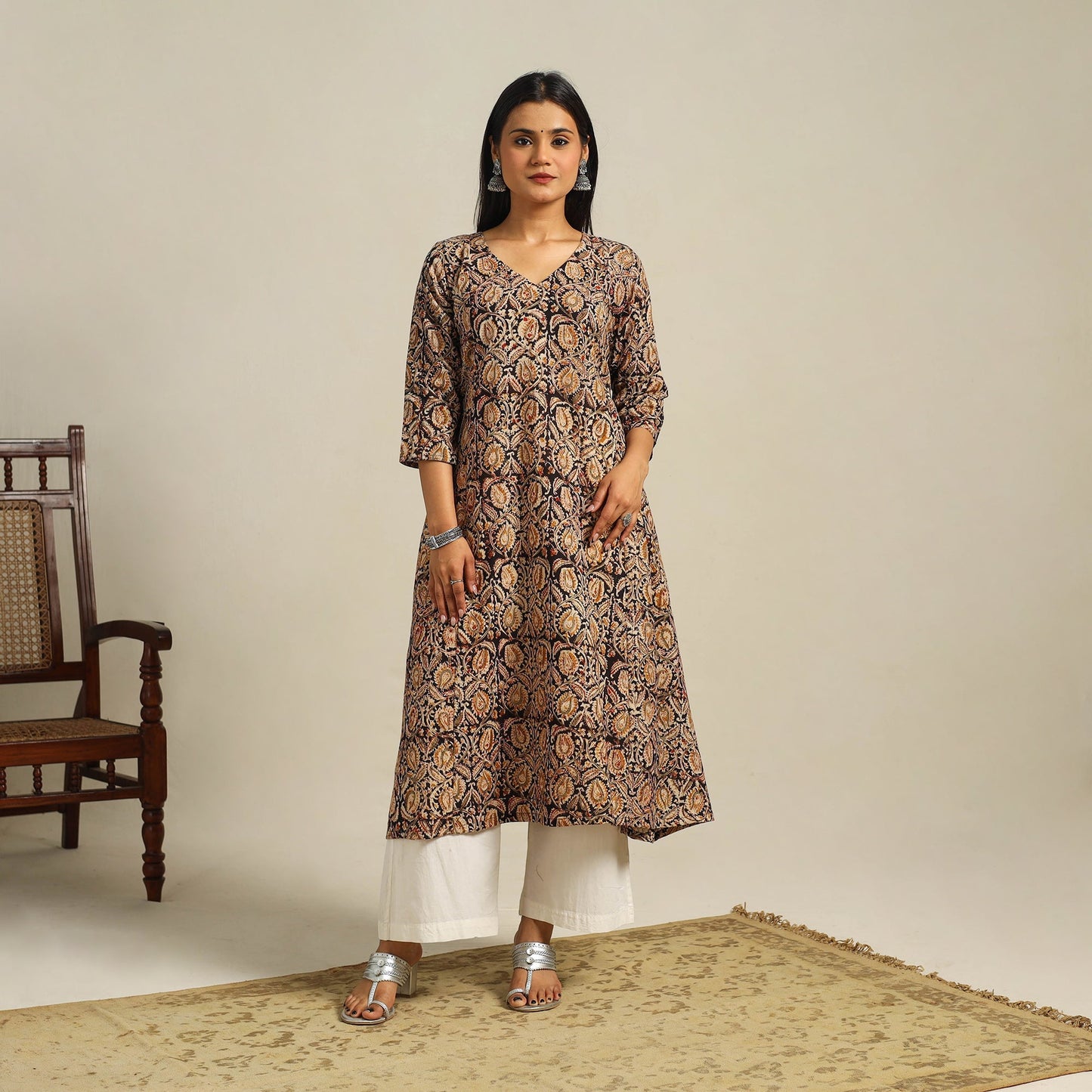 Multicolor Block Print Cotton A-Line Kalamkari Kurta For Women