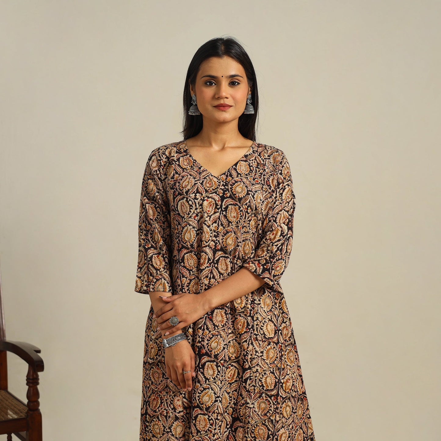 Multicolor Block Print Cotton A-Line Kalamkari Kurta For Women