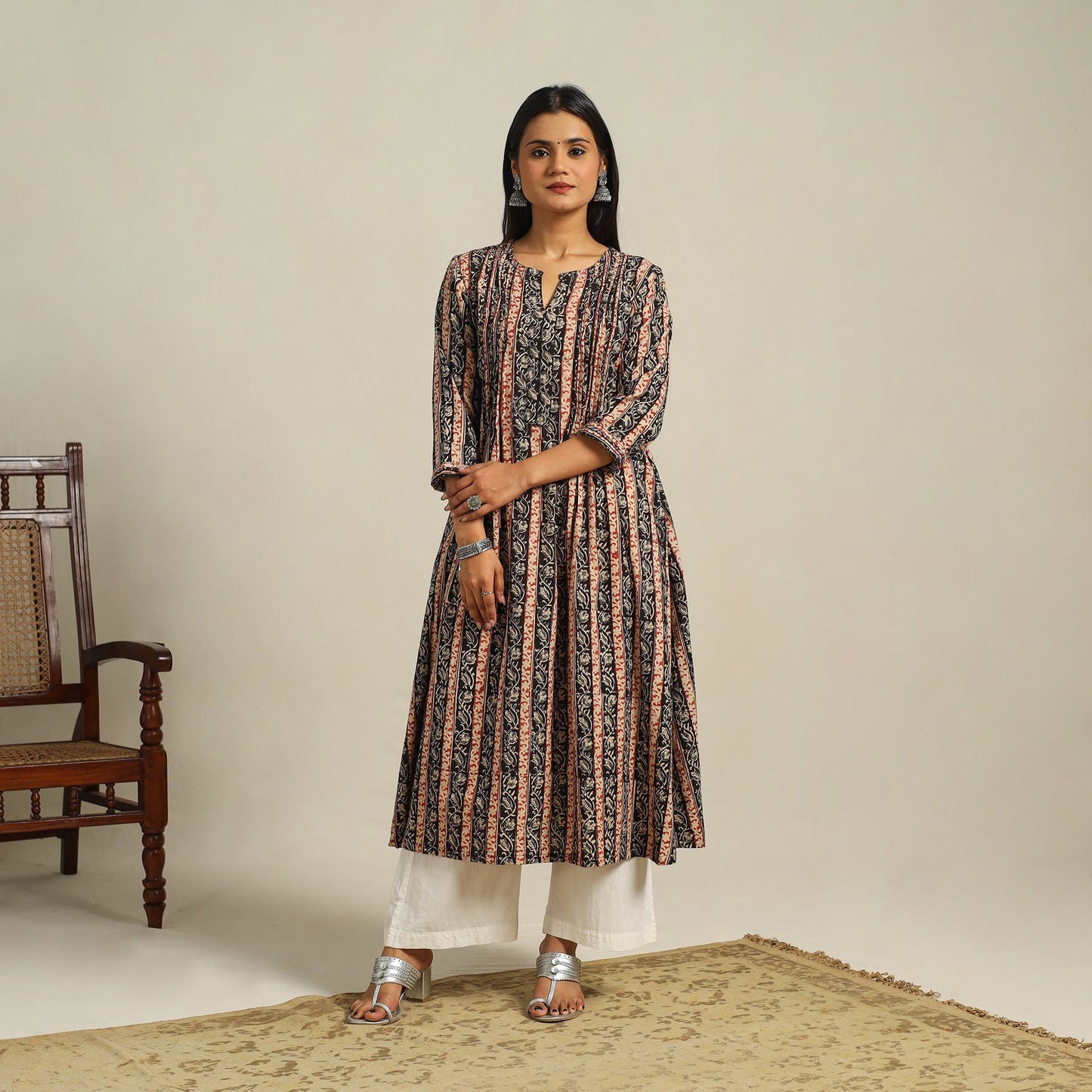 Multicolor Block Print Cotton A-Line Kalamkari Kurta For Women