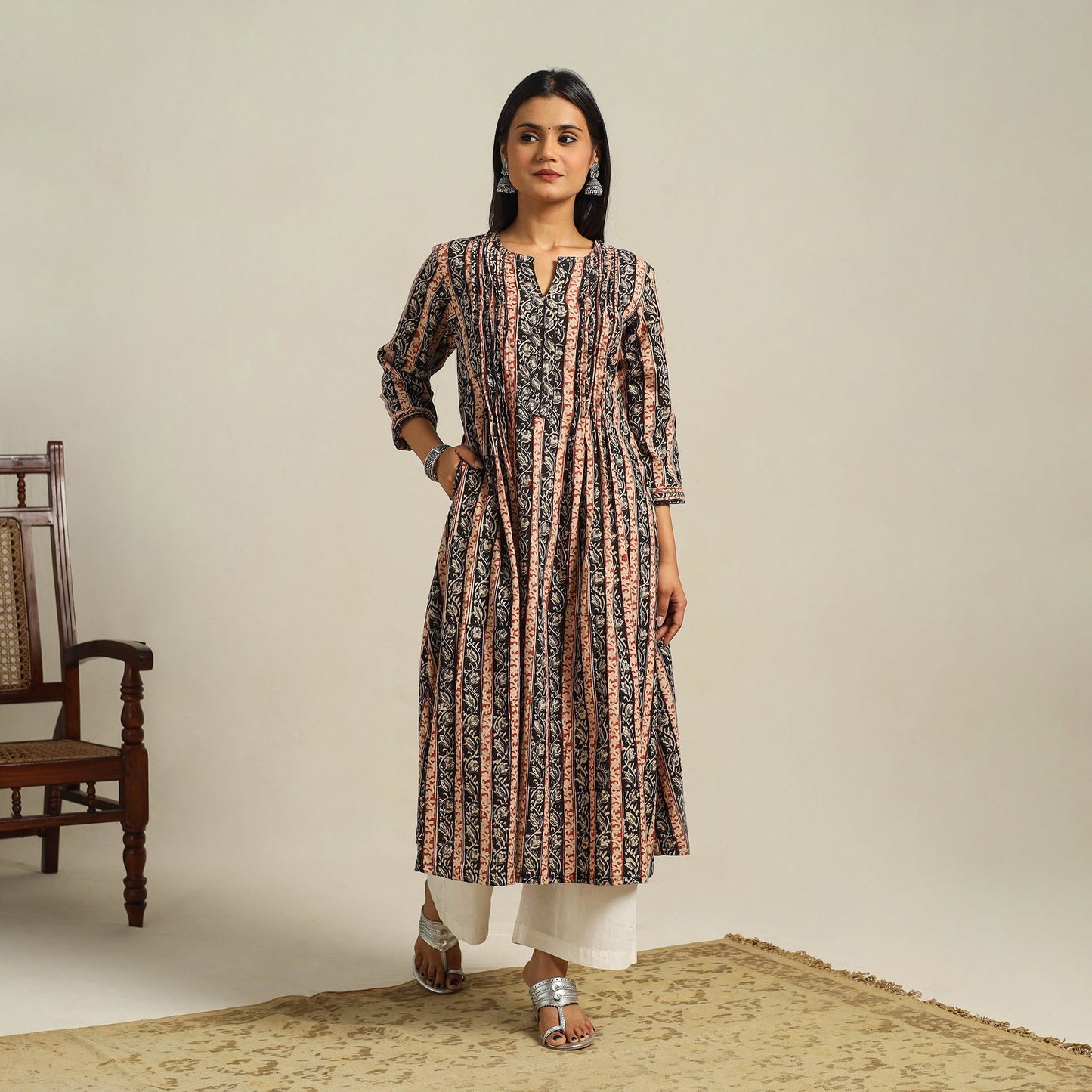 Multicolor Block Print Cotton A-Line Kalamkari Kurta For Women