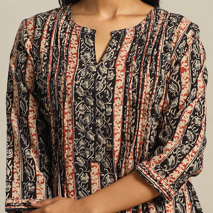 Multicolor Block Print Cotton A-Line Kalamkari Kurta For Women