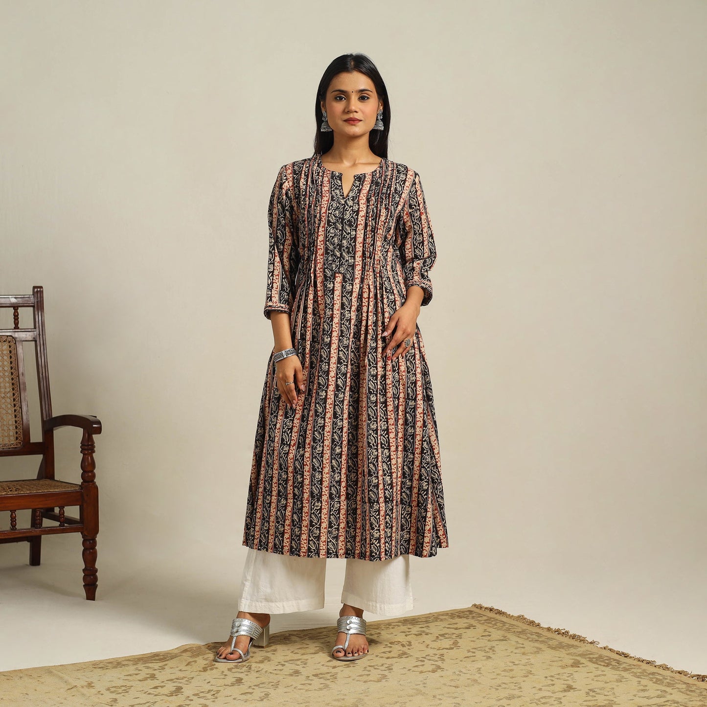 Multicolor Block Print Cotton A-Line Kalamkari Kurta For Women