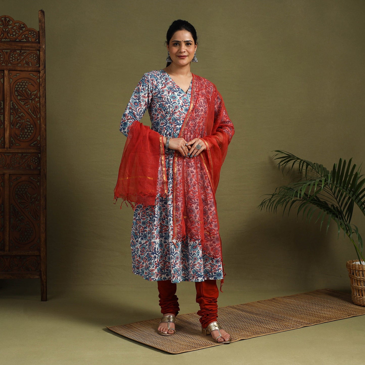Multicolor Block Print Cotton Sanganeri Kurta Set (Set of 3)