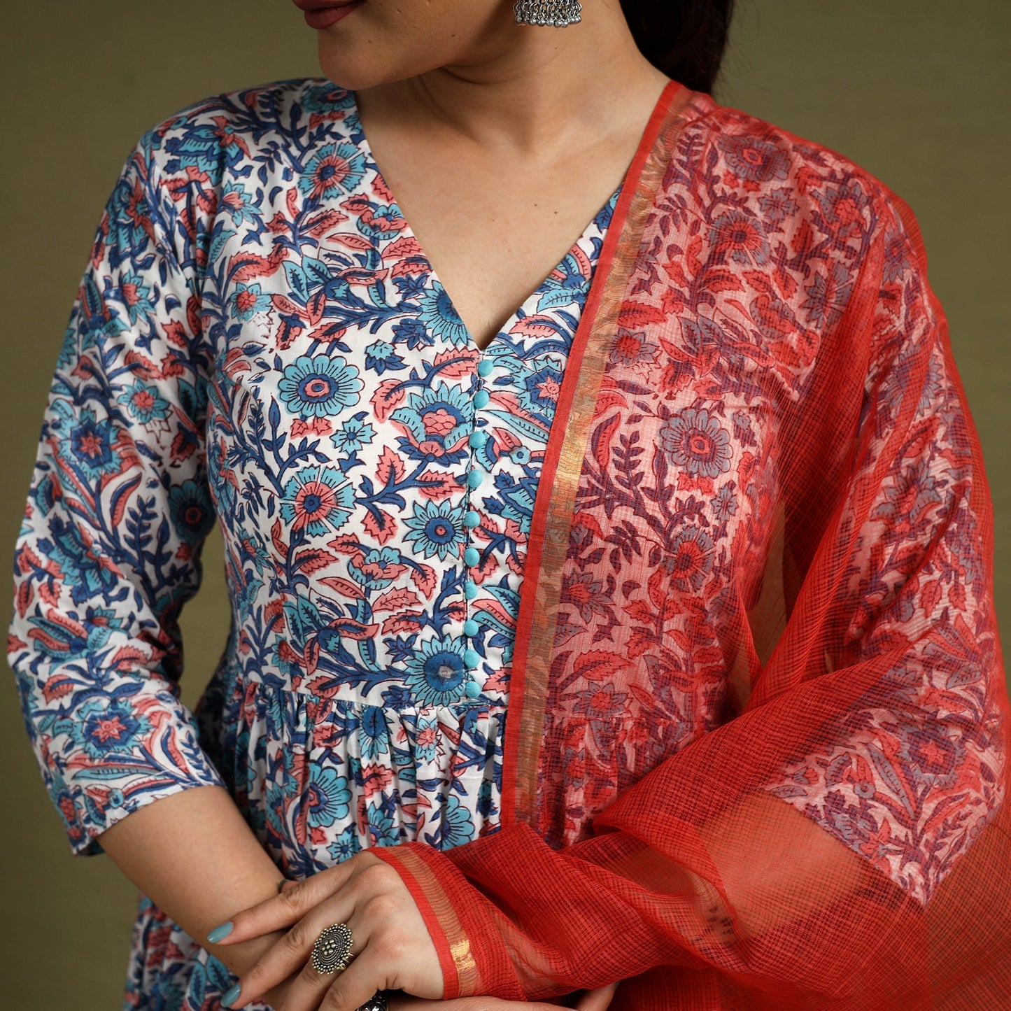 Multicolor Block Print Cotton Sanganeri Kurta Set (Set of 3)