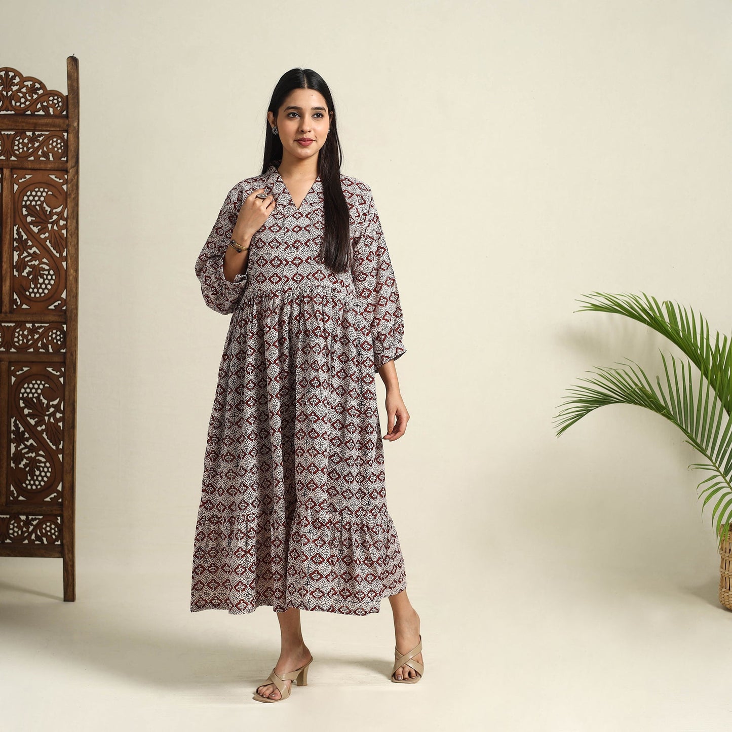 Multicolor Block Print Mul Cotton Tiered Bagh Dress
