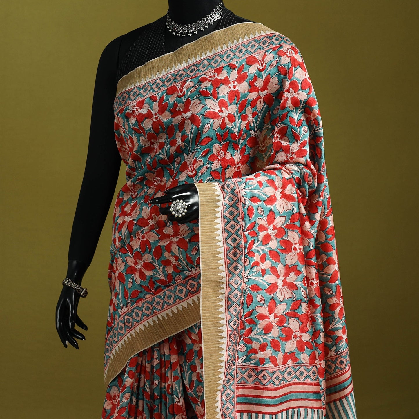 Chanderi silk hand sanganeri saree with ghicha border 18