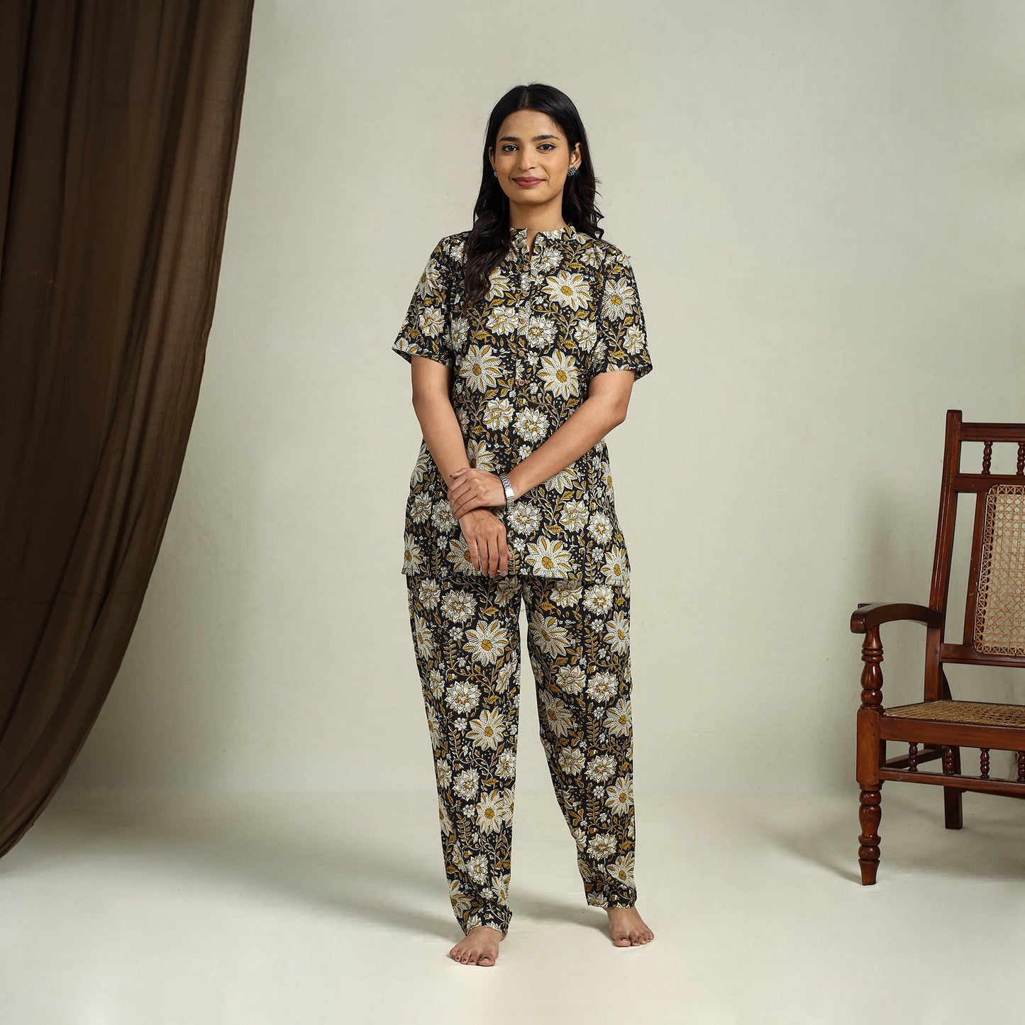 Multicolor Block Print Cotton Bagru Night Suit Set