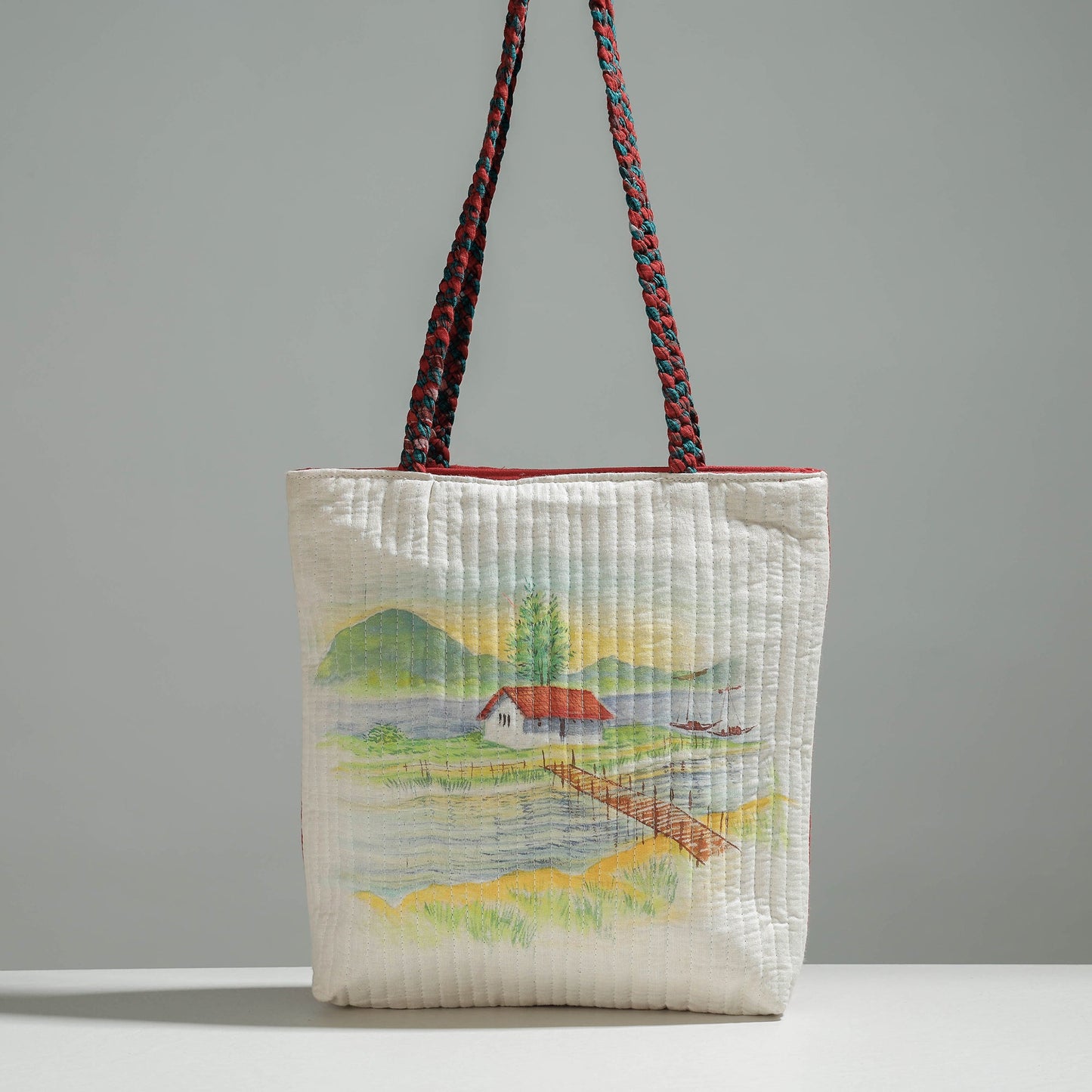 Multicolor Gamcha Fabric Handpainted Cotton Hand Bag