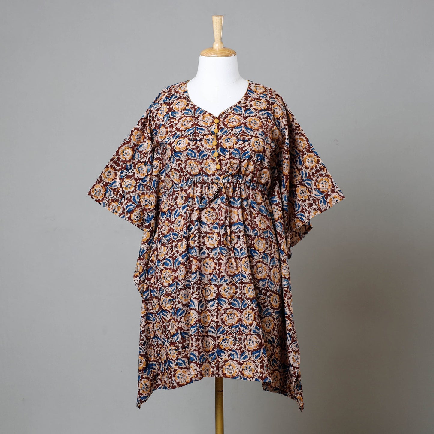 Multicolor Block Print Cotton Kalamkari Kaftan with Tie-Up Waist