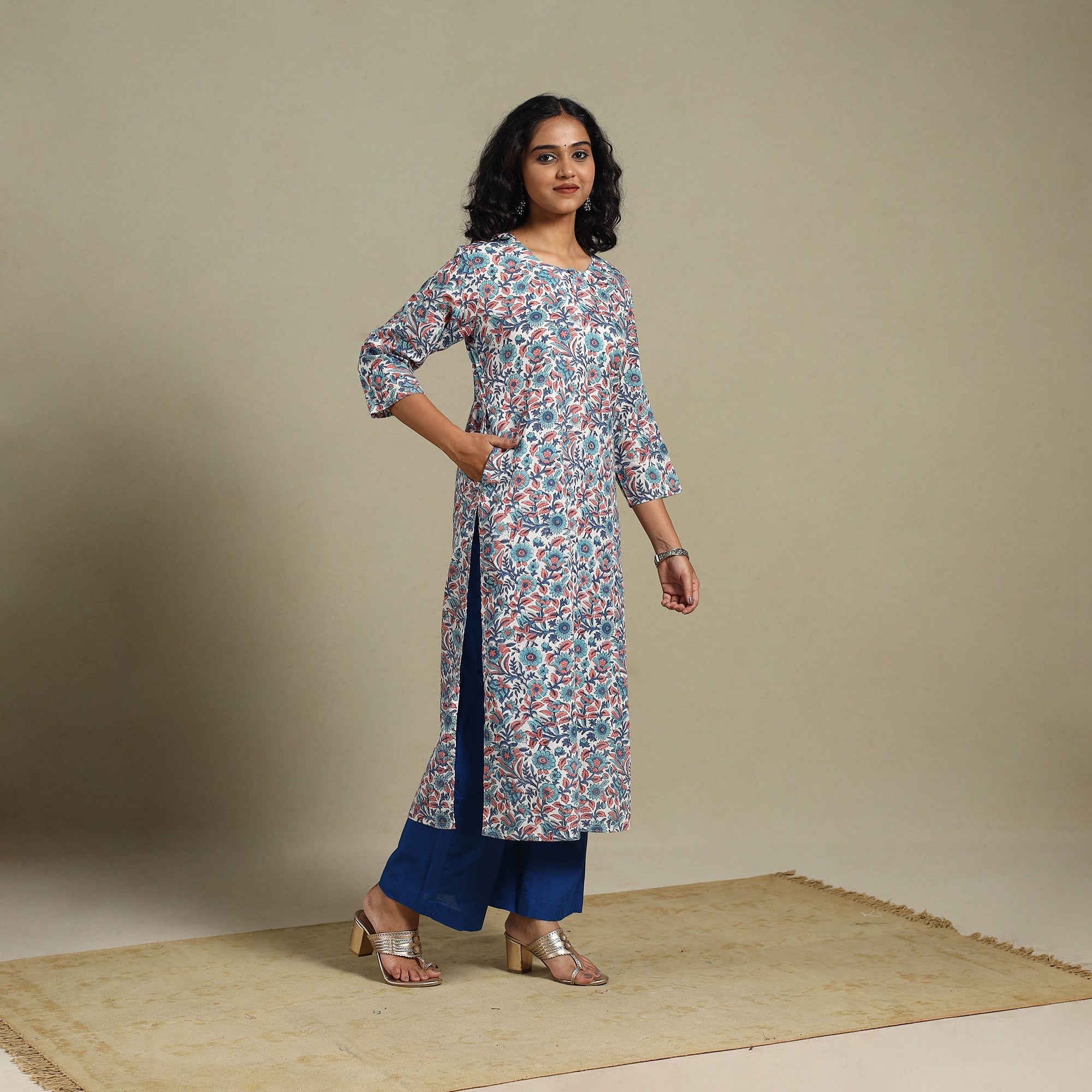 Multicolor - Block Print Cotton Straight Sanganeri Long Kurta 08