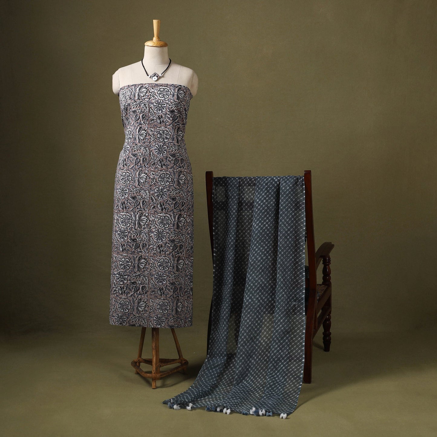 Multicolor Designer! Block Print Cotton Dress Material with Jewellery Set
