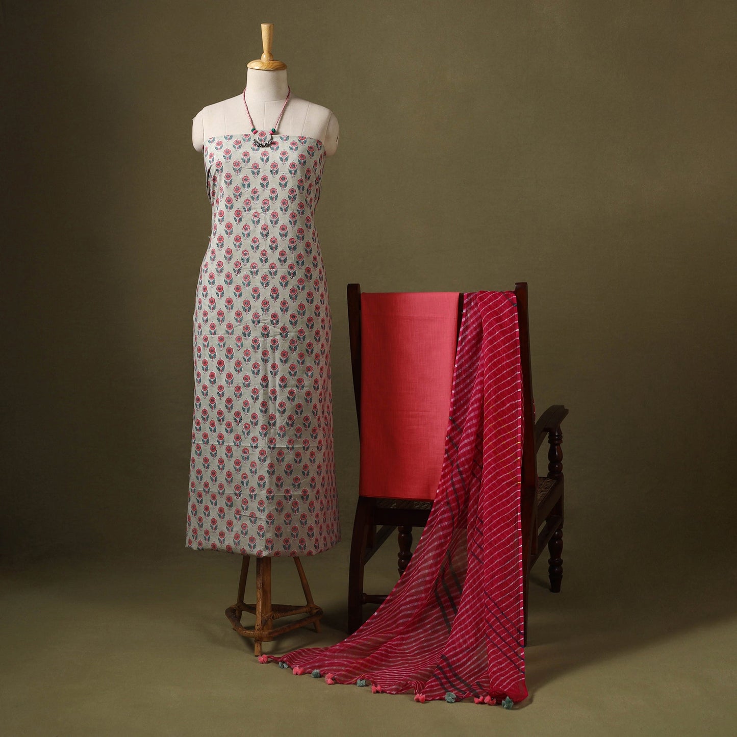 Multicolor Designer! Block Print Cotton Dress Material with Jewellery Set