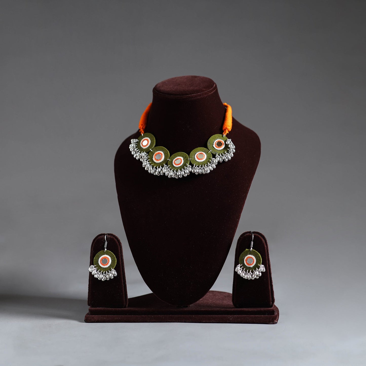 Fabart German Silver Mirror Work Choker Necklace Set