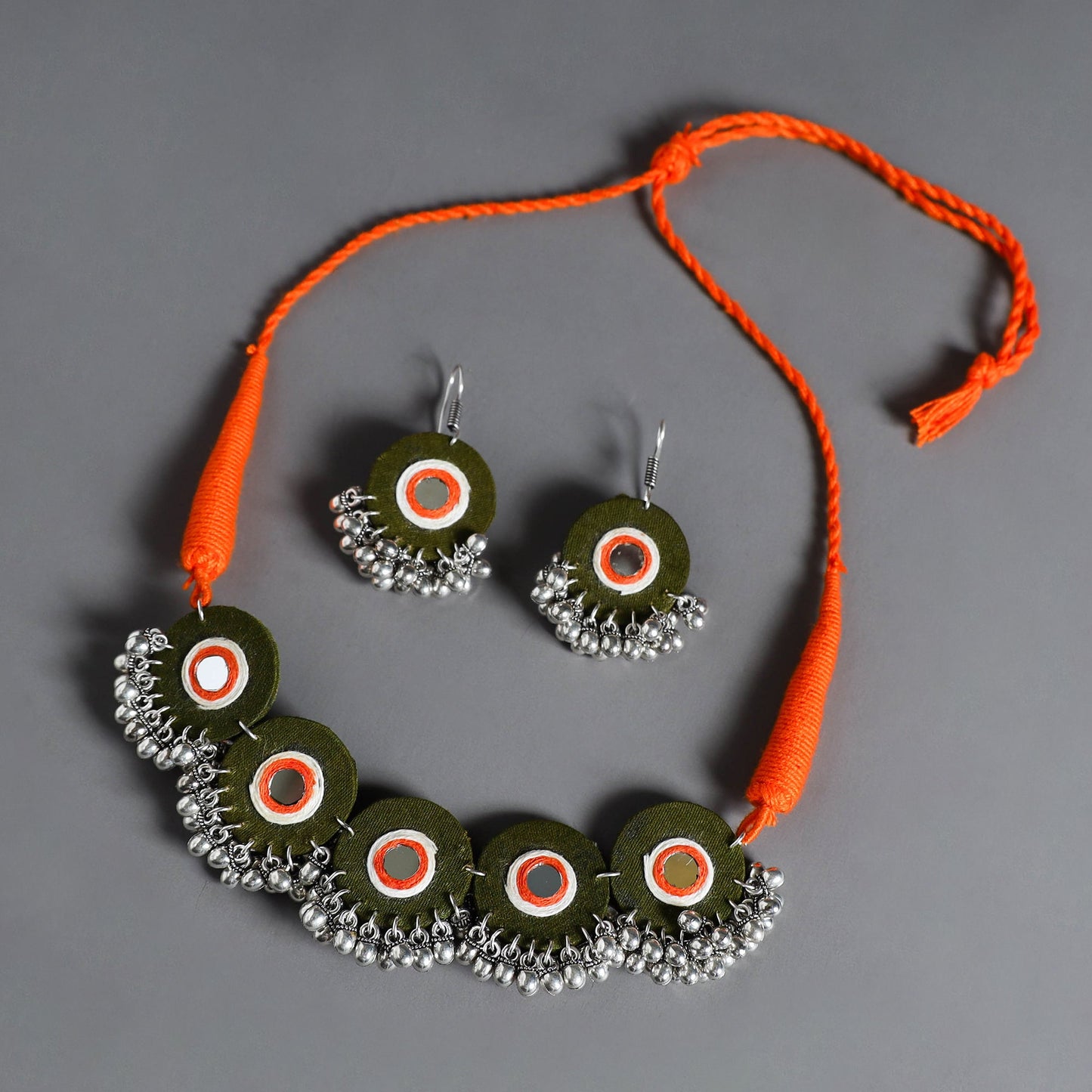 Fabart German Silver Mirror Work Choker Necklace Set