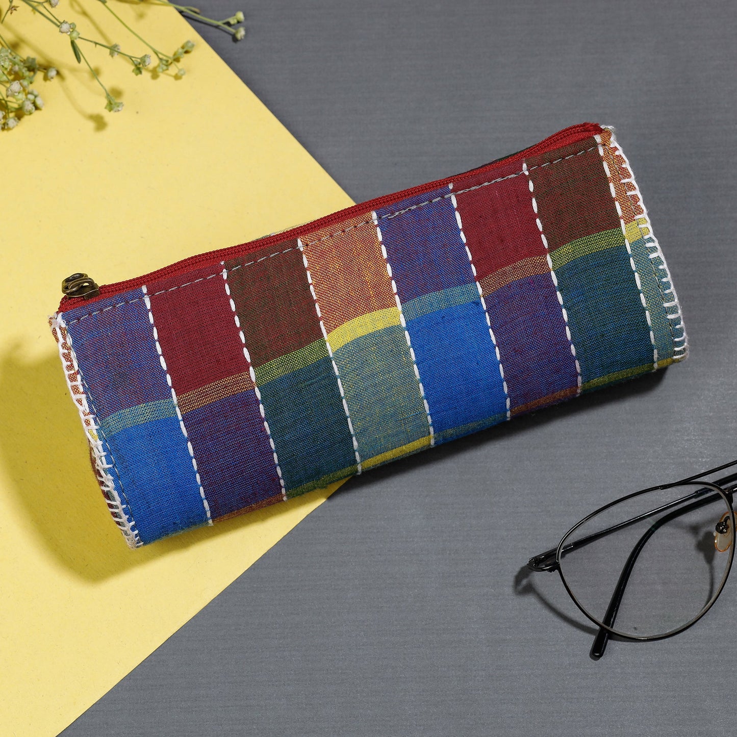 Multicolor Gamcha Fabric Hand Embroidered Spectacle Case