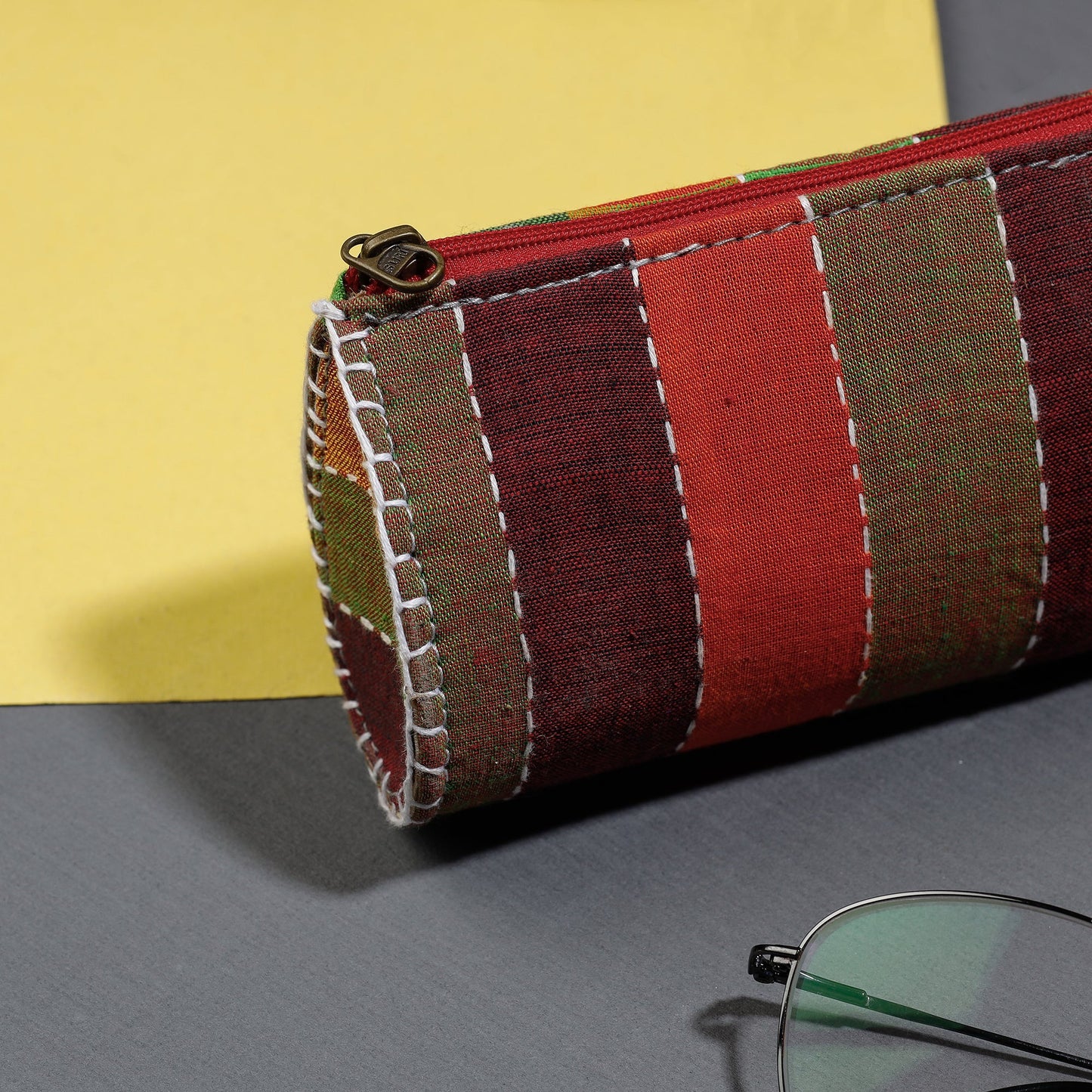 Multicolor Gamcha Fabric Hand Embroidered Spectacle Case