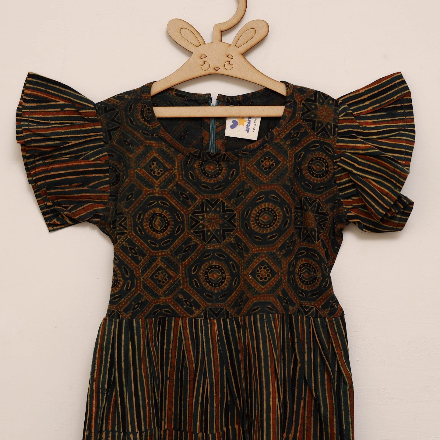 Girls pure cotton ajrakh hand block print frock dress (2-3