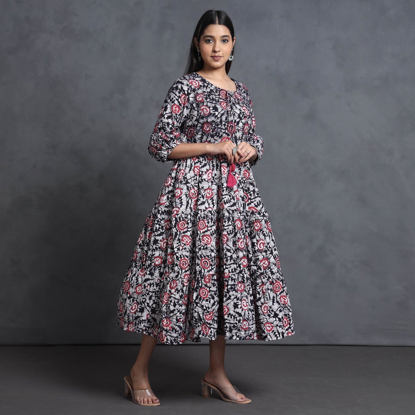 Multicolor - hand batik printed cotton flared gher dress