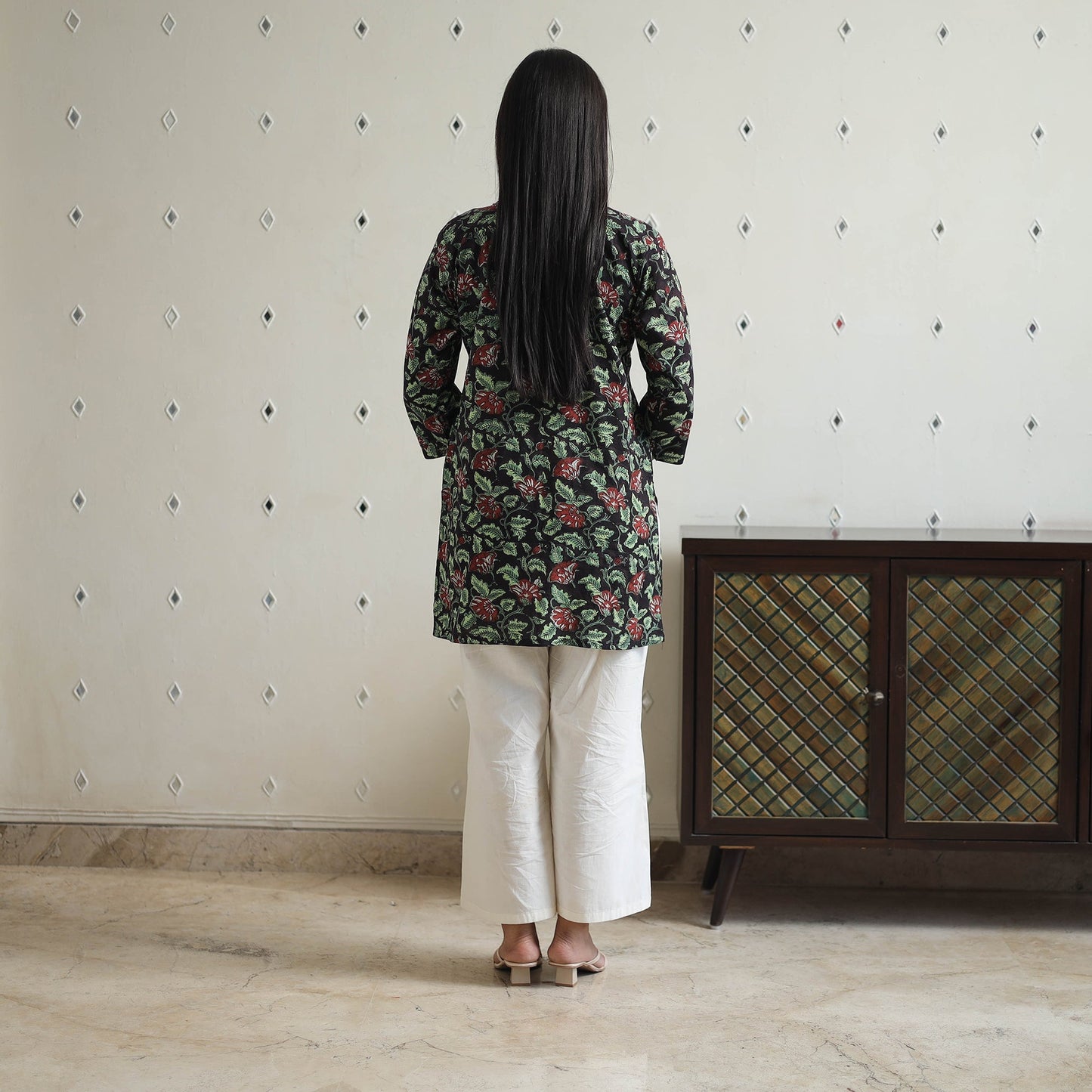 Hand Block Printed Cotton Short Pintuck Bagru Kurta for Women