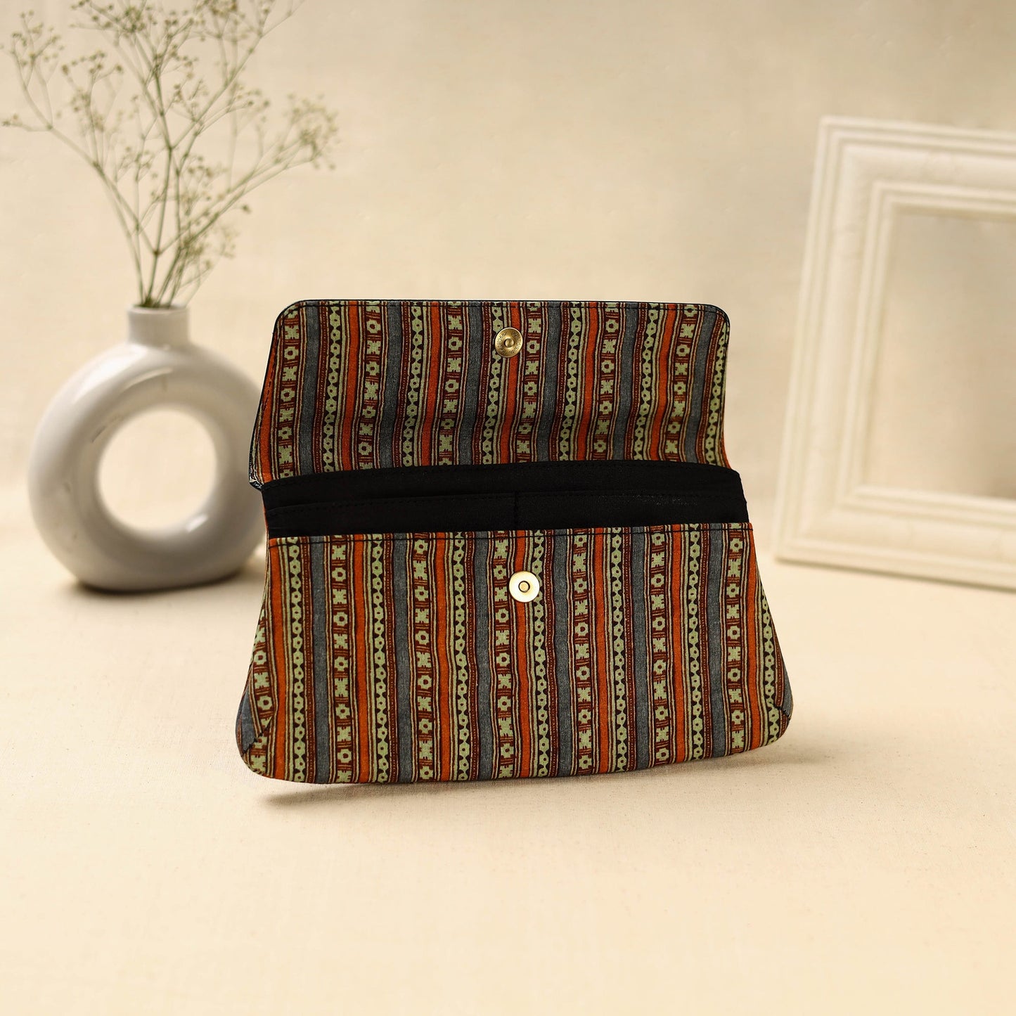 Multicolor Hand Print Clutch with Embossed Leather Flap