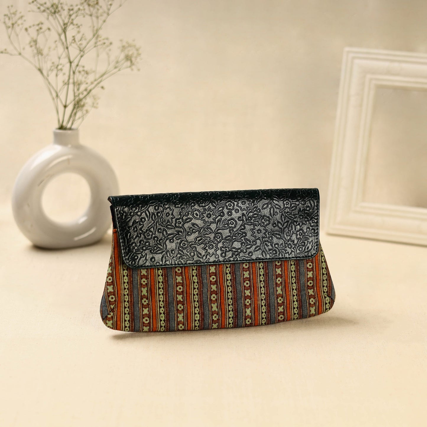 Multicolor Hand Print Clutch with Embossed Leather Flap
