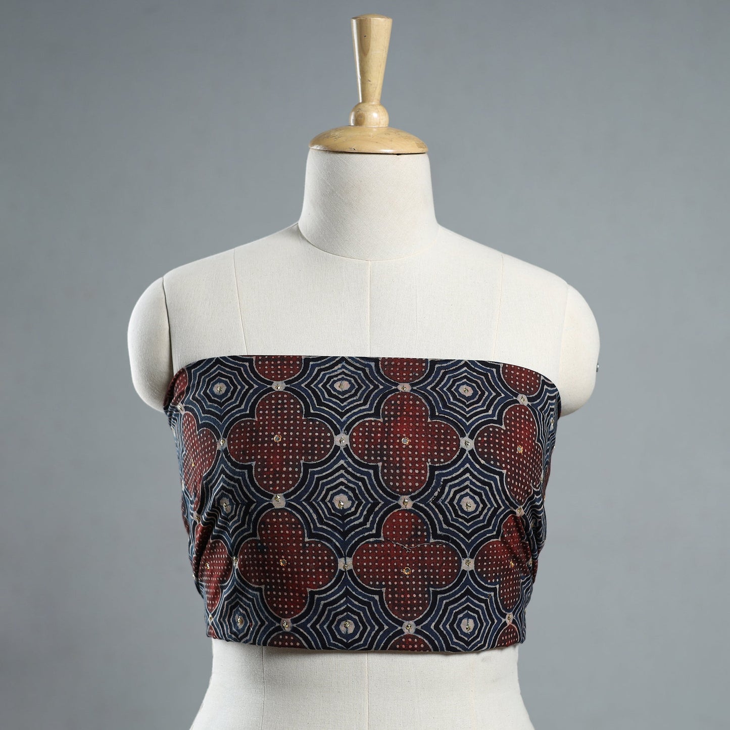 Multicolor - Hand Embroidered Ajrakh Cotton Blouse Piece 02